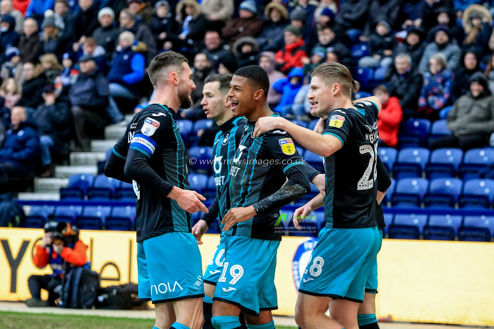 1st February 2020, Deepdale, Preston, England; Sky Bet Championship, Preston North End v Swansea City : Rhian Brewster (19) of Swansea City celebrates his goal to make it 1-1