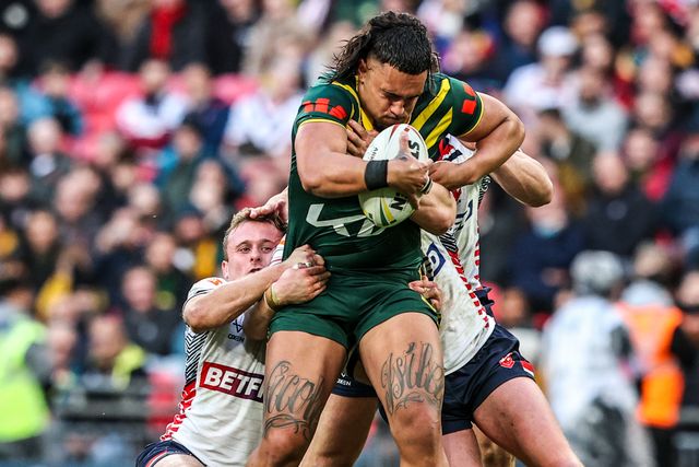 Tino Fa’asuamaleaui of Australia is tackled during the The Ashes Series 2025 England vs Australia at Wembley Stadium, London, United Kingdom, 25th October 2025

(Photo by Alfie Cosgrove/News Images)