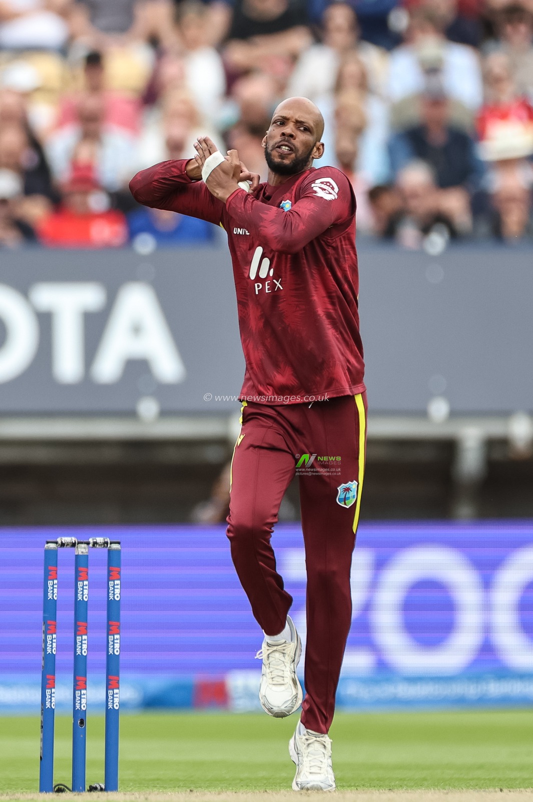 Roston Chase of West Indies delivers the ball during the 1st Metro Bank ODI England vs West Indies at Edgbaston, Birmingham, United Kingdom, 29th May 2025

(Photo by Mark Cosgrove/News Images)