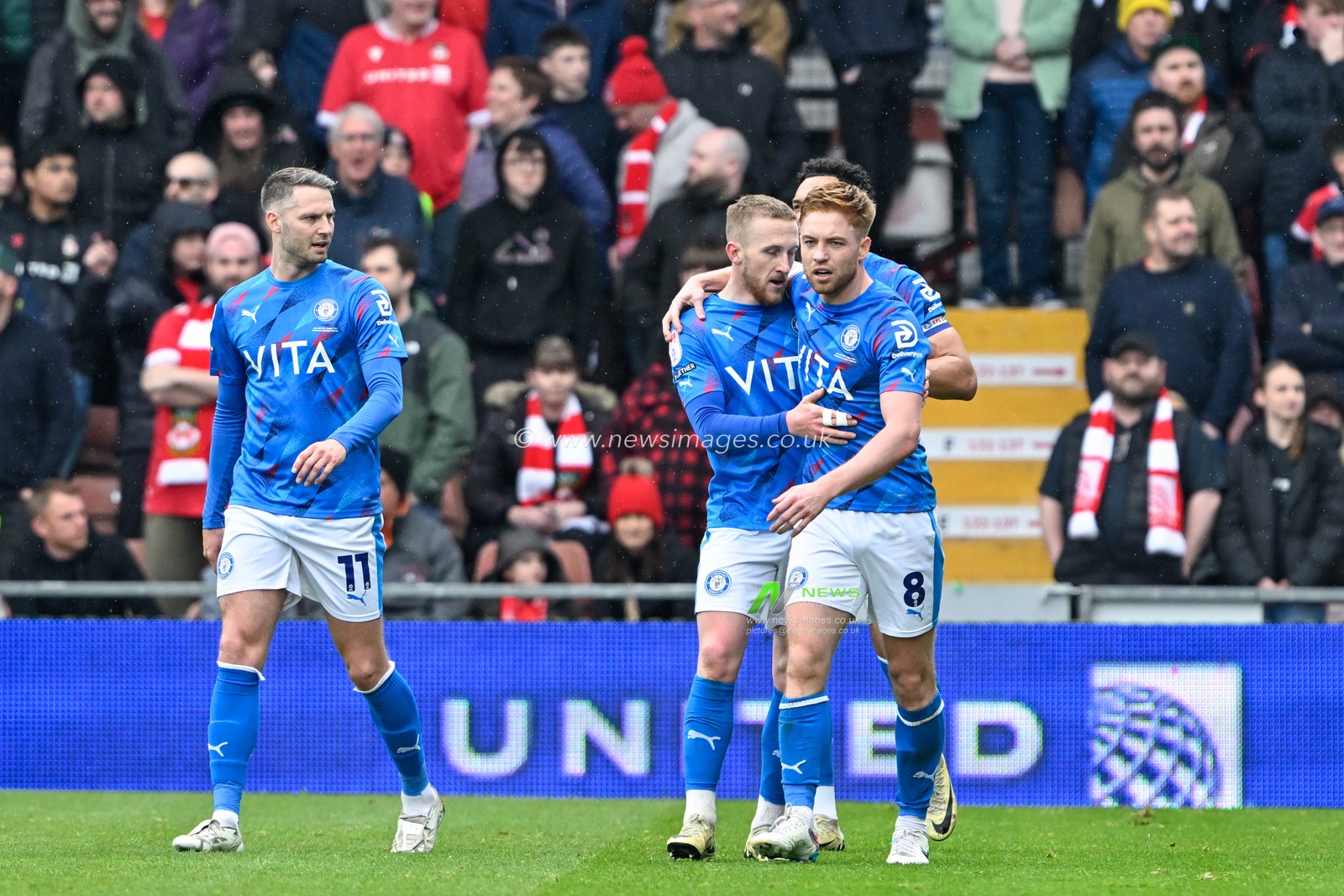 Connor Lemonheigh-Evans of Stockport County celebrates his goal to make it 0-1 Stockport County, during the Sky Bet League 2 match Wrexham vs Stockport County at SToK Cae Ras, Wrexham, United Kingdom, 27th April 2024

(Photo by Cody Froggatt/News Images)