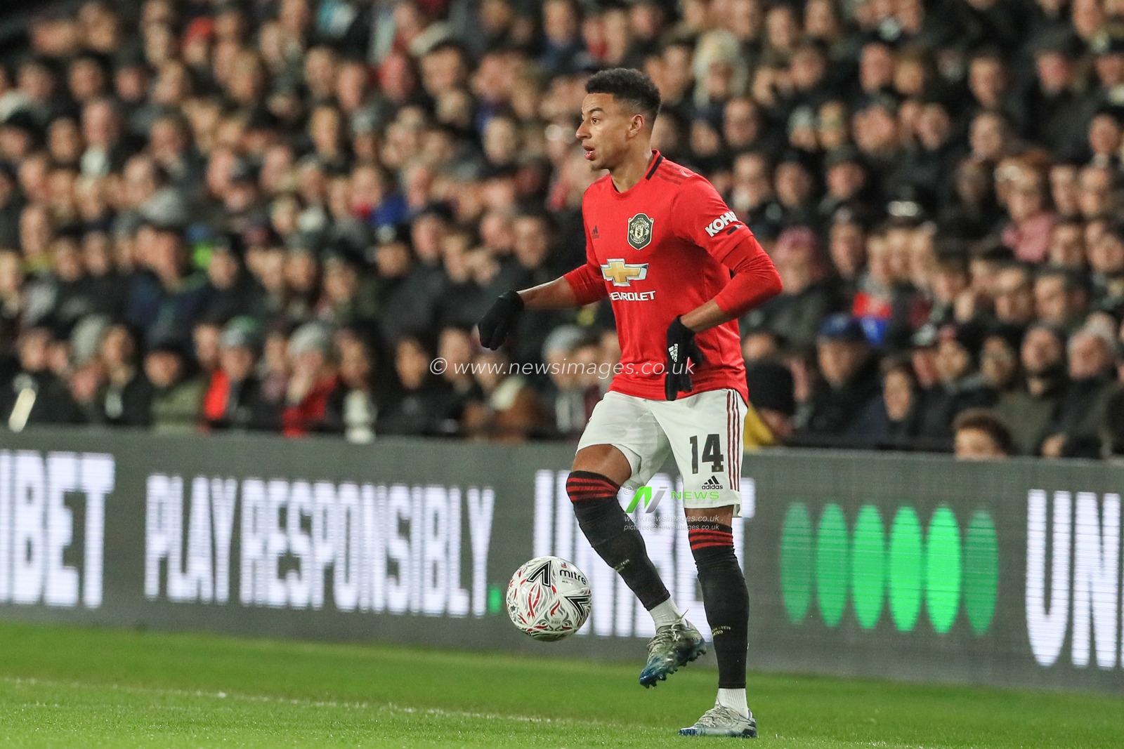 5th March 2020, Pride Park Stadium, Derby, England; Emirates FA Cup 5th Round, Derby County v Manchester United : Jesse Lingard (14) of Manchester United in action during the game