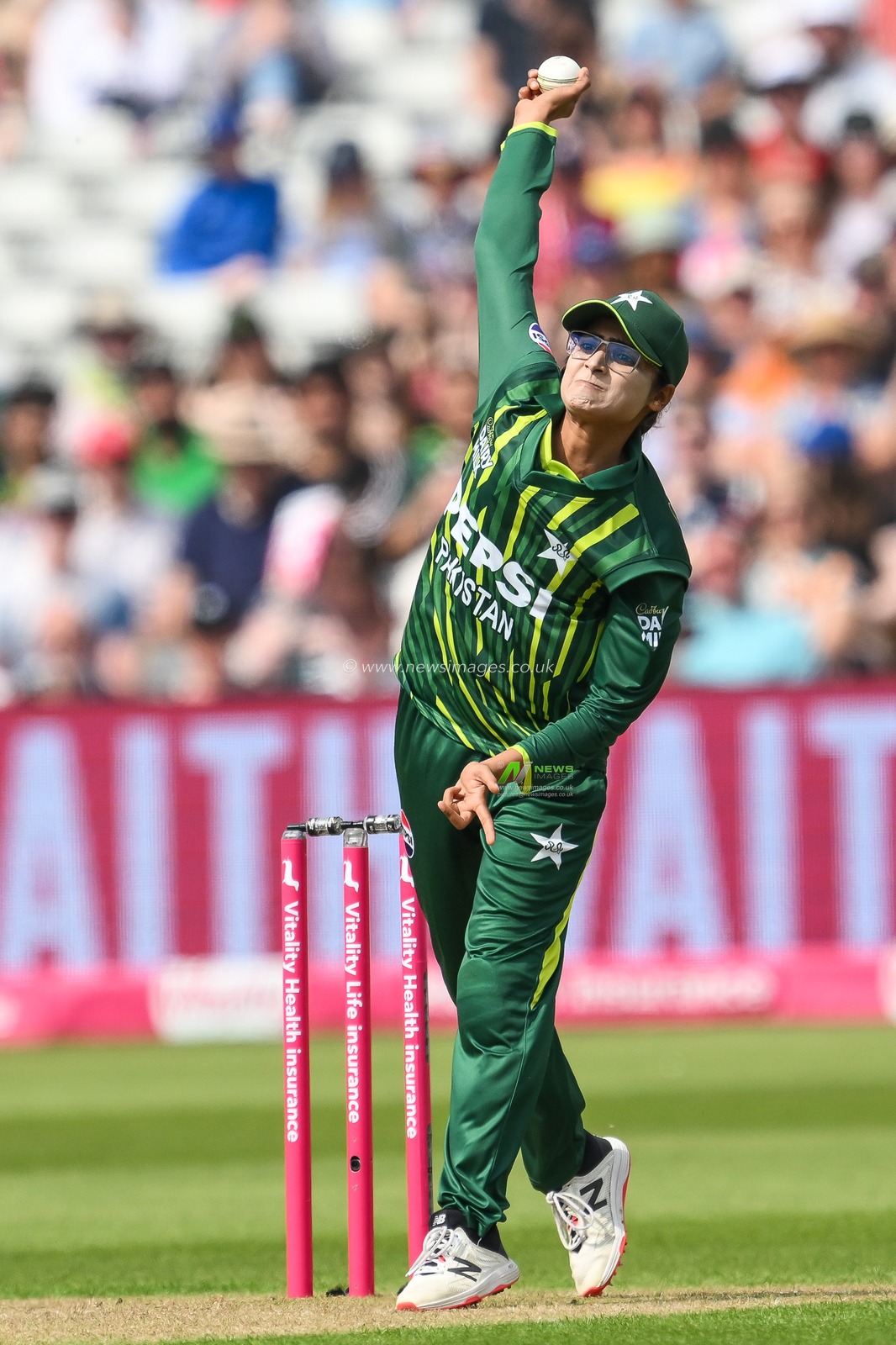 Rameen Shamim of Pakistan delivers the ball during the First T20 International match England women vs Pakistan women at Edgbaston, Birmingham, United Kingdom, 11th May 2024

(Photo by Craig Thomas/News Images)