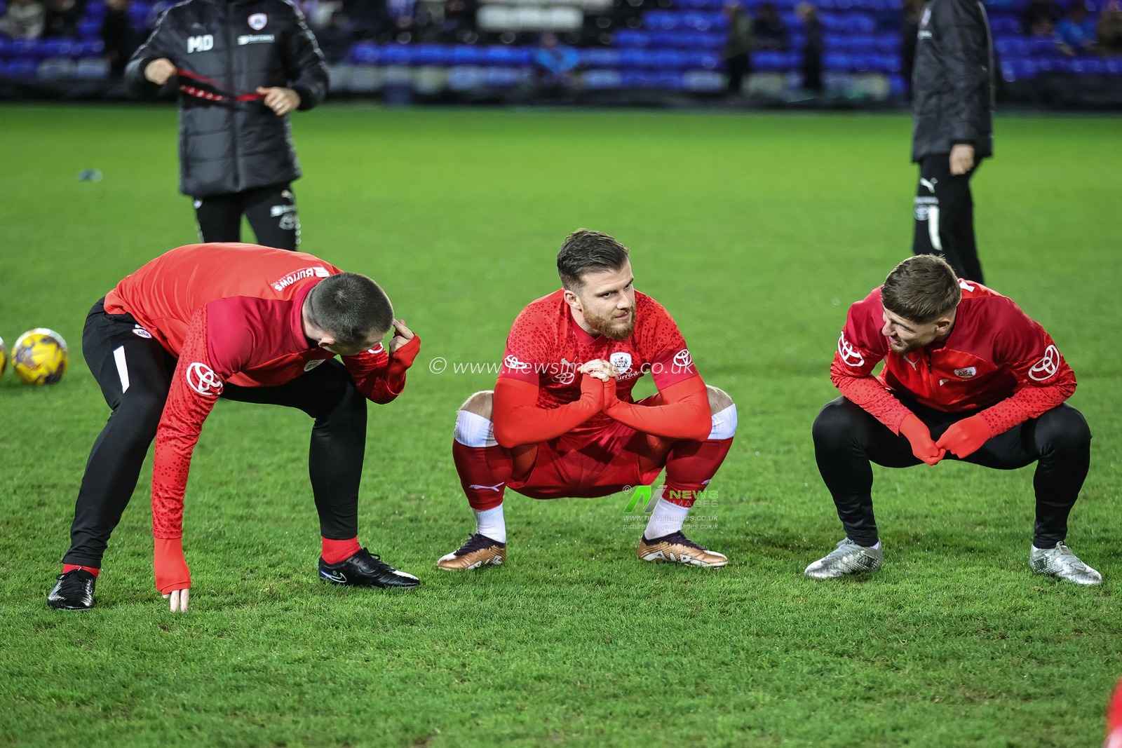 Kacper Åopata #4 of Barnsley Nicky Cadden #7 of Barnsley John Mcatee #45 of Barnsley in the pregame warmup session during the Sky Bet League 1 match Peterborough United vs Barnsley at Weston Homes Stadium, Peterborough, United Kingdom, 29th December 2023

(Photo by Mark Cosgrove/News Images)