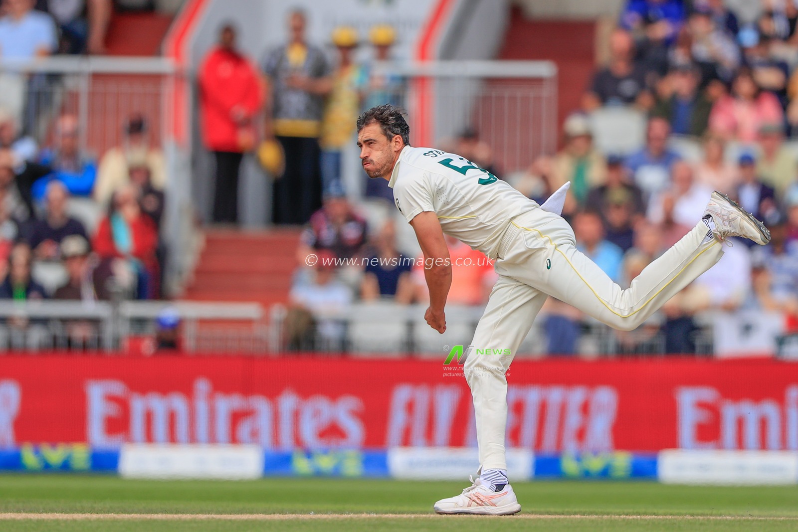 Mitchell Starc of Australia delivers the ball during the LV= Insurance Ashes Fourth Test Series Day Three Test Series match England vs Australia at Old Trafford, Manchester, United Kingdom, 21st July 2023

(Photo by Conor Molloy/News Images)