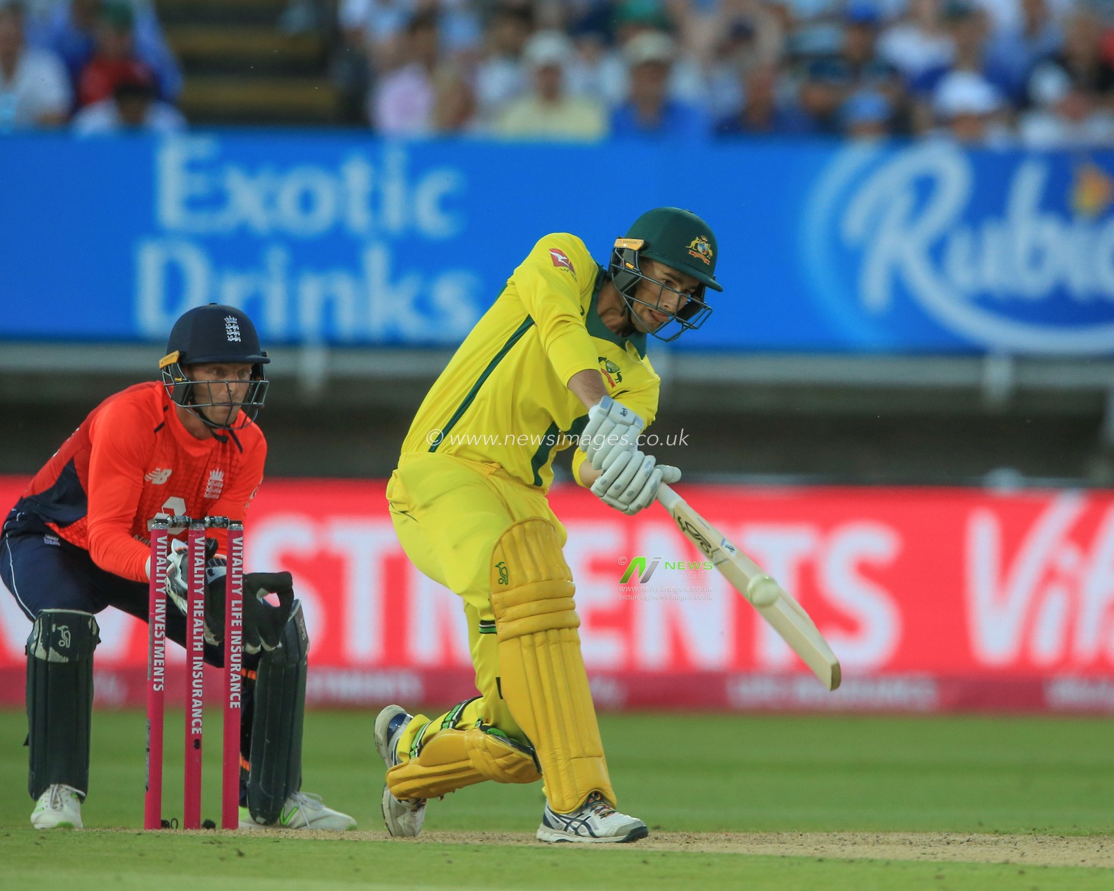 Wednesday 27th June 2018 , Edgbaston, Birmingham, Vitality IT20 Series Edgbaston England v Australia; Ashton Agar of Australia hits a six (6) 