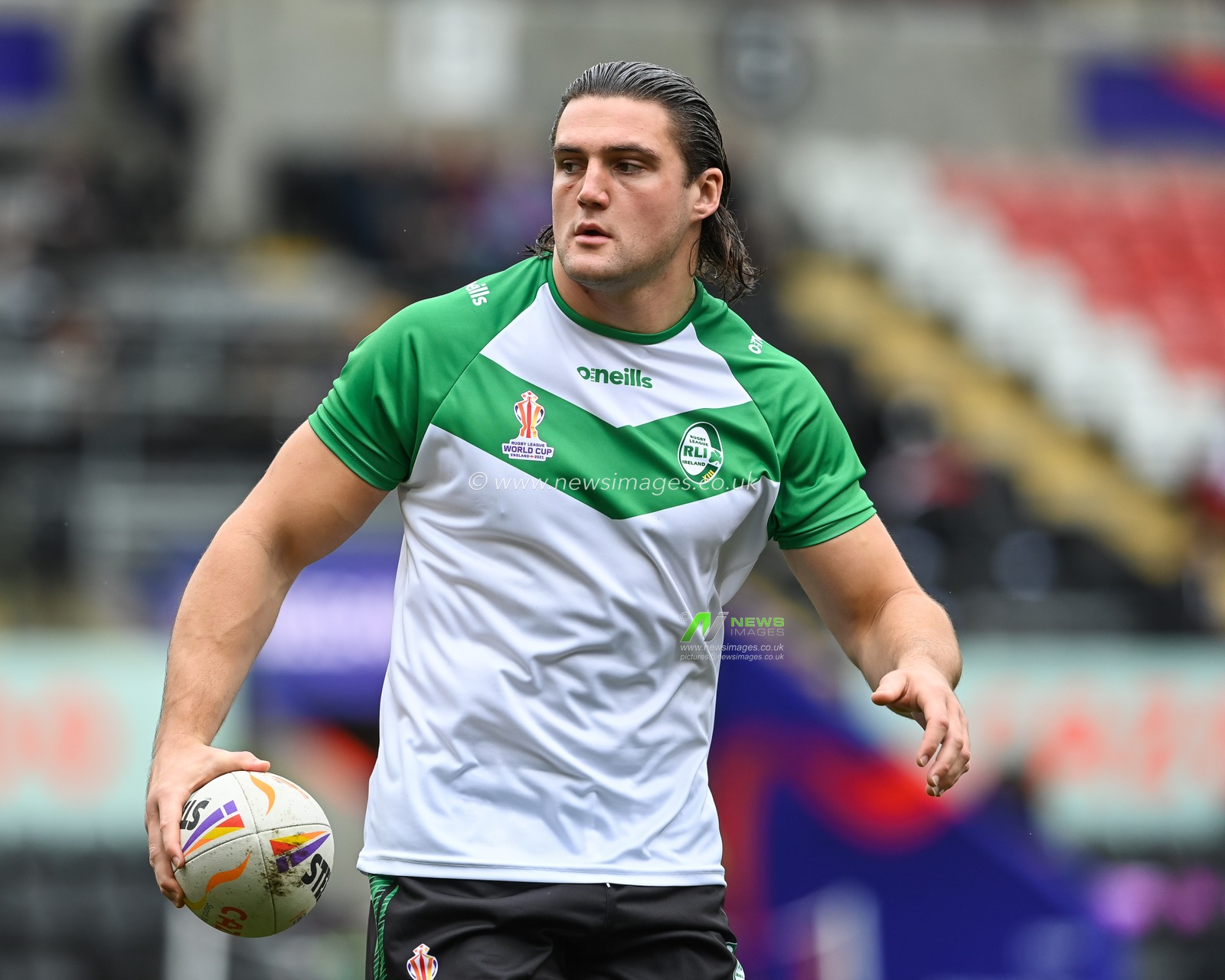 Liam Byrne of Ireland during pre match warm up ahead of the Rugby League World Cup 2021 match Ireland vs Lebanon at Leigh Sports Village, Leigh, United Kingdom, 23rd October 2022

(Photo by Craig Thomas/News Images)