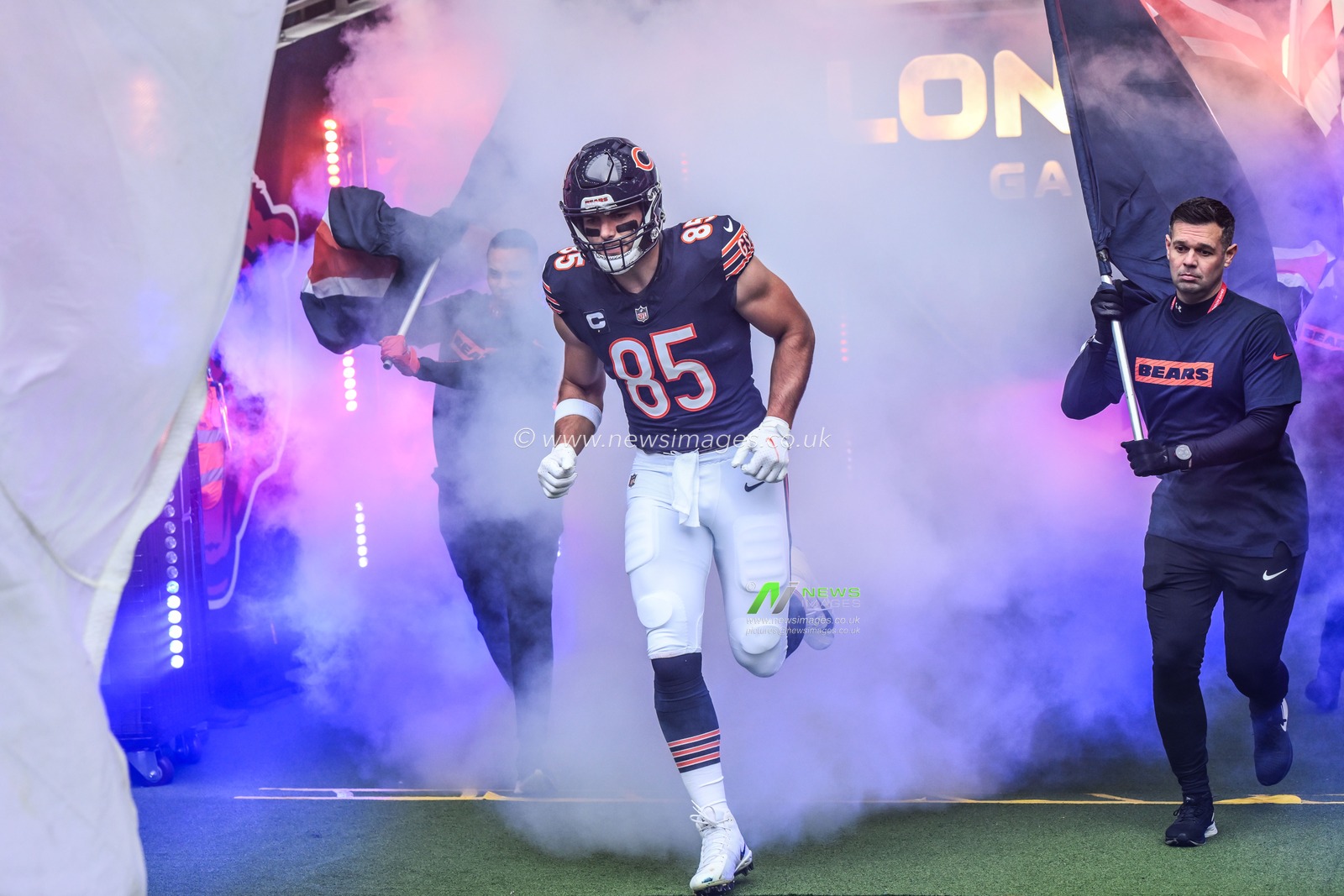Cole Kmet of the Chicago Bears comes out onto the pitch ahead of the Week 6 match Chicago Bears vs Jacksonville Jaguars at Tottenham Hotspur Stadium, London, United Kingdom, 13th October 2024

(Photo by Craig Thomas/News Images)