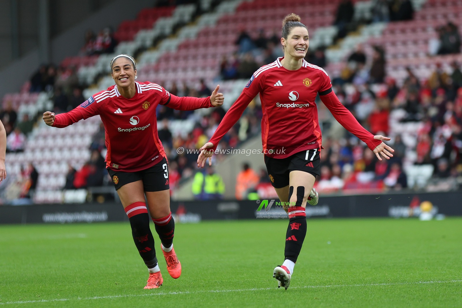 Dominique Janssen of Manchester United celebrates her goal to make it 3-0 during the Barclays Women's Super League match Manchester United Women vs Liverpool Women at Leigh Sports Village, Leigh, United Kingdom, 8th December 2024

(Photo by Alex Roebuck/News Images)