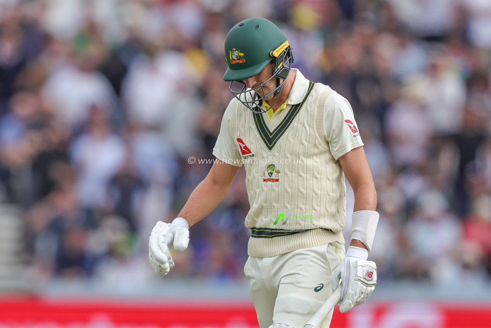 A dejected Pat Cummings of Australia leaves the field of [play after being bowled out by Mark Wood of England during the LV= Insurance Ashes Third Test Series Day 1 England v Australia at Headingley Stadium, Leeds, United Kingdom, 6th July 2023

(Photo by Mark Cosgrove/News Images)