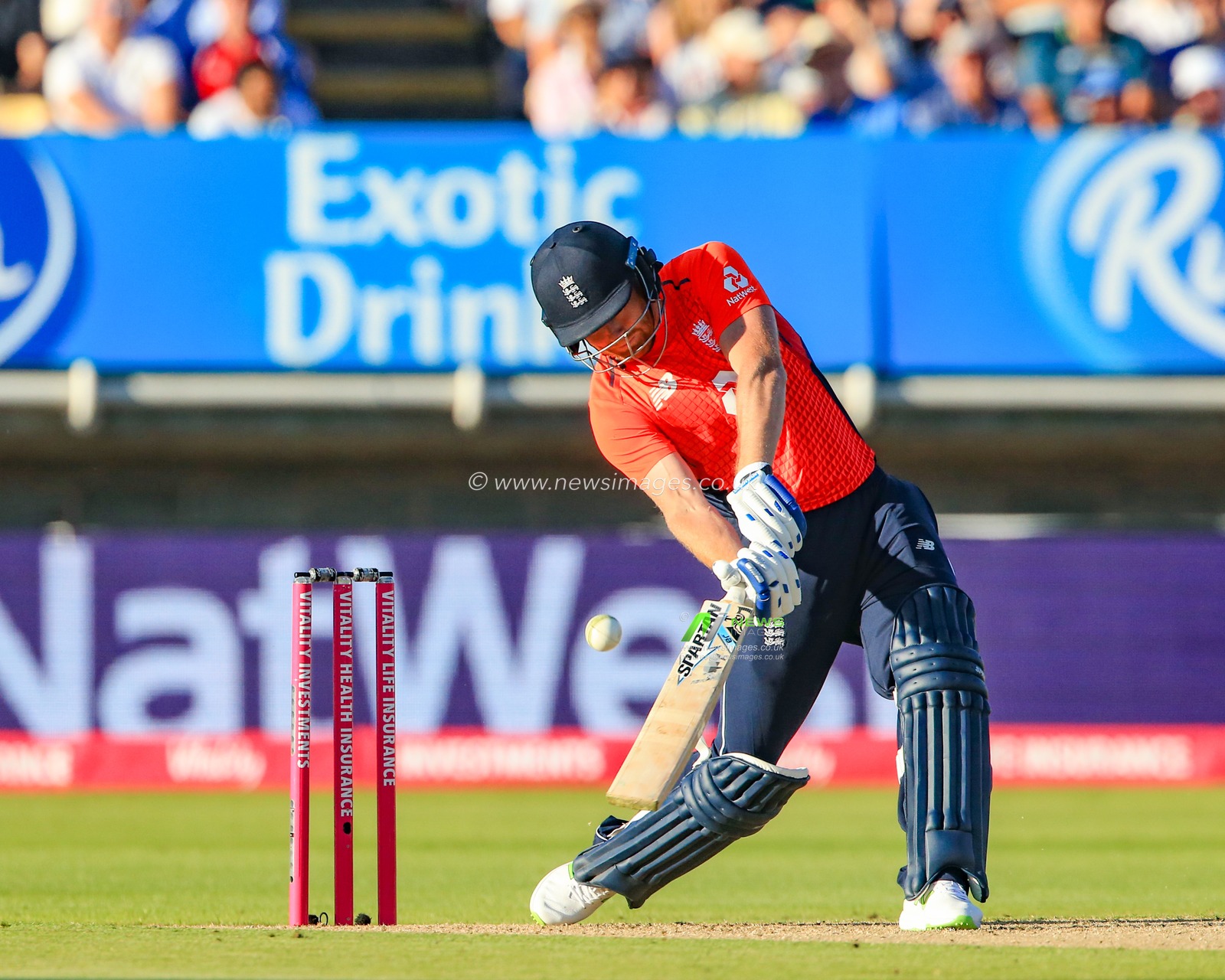 Wednesday 27th June 2018 , Edgbaston, Birmingham, Vitality IT20 Series Edgbaston England v Australia; Johnny Bristow of England hits a six on his first visit 