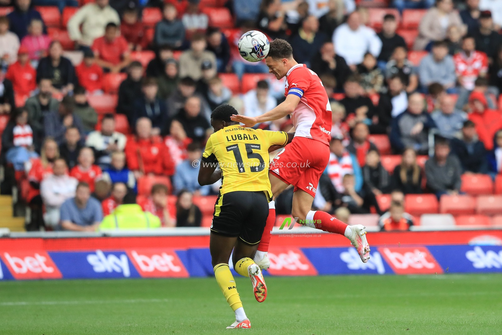 Jordan Williams #2 of Barnsley jumps up to win the high ball during the Sky Bet League 1 match Barnsley vs Burton Albion at Oakwell, Barnsley, United Kingdom, 16th September 2023

(Photo by Alfie Cosgrove/News Images)