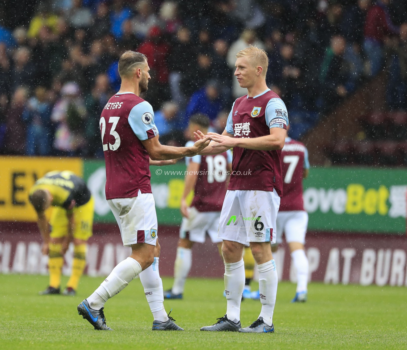 10th August 2019, Turf Moor, Burnley, England ; Premier League Football, Burnley vs Southampton : Ben Mee (06) and Erik Pieters (23) of Burnley celebrate the 3-0 victory at the end of the game
Credit: Conor Molloy/News Images 

English Football League images are subject to DataCo Licence