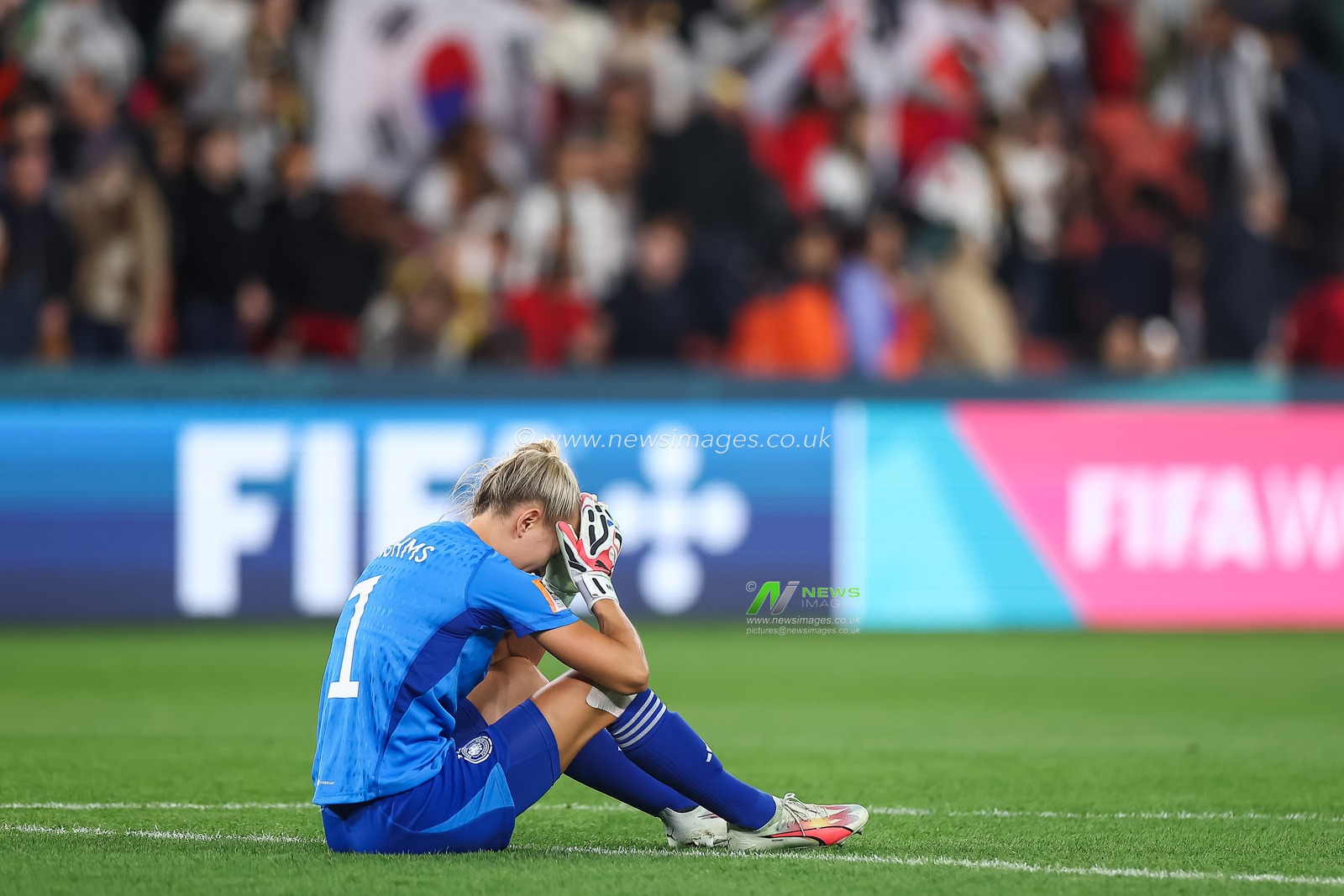 Merle Frohms #1 of Germany is dejected as Germany are eliminated at the end of the FIFA Women's World Cup 2023 Group H match South Korea vs Germany Women at Suncorp Stadium, Brisbane, Australia, 3rd August 2023

(Photo by Patrick Hoelscher/News Images)