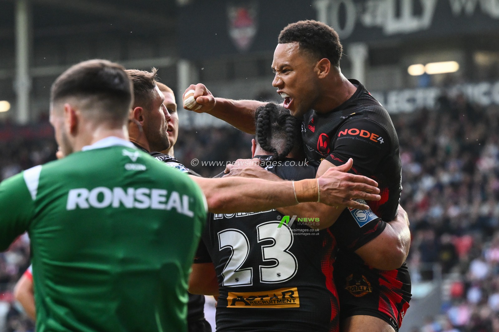 Konrad Hurrell of St. Helens celebrates his try during the Betfred Super League Round 13 match St Helens vs Catalans Dragons at Totally Wicked Stadium, St Helens, United Kingdom, 31st May 2024

(Photo by Craig Thomas/News Images)