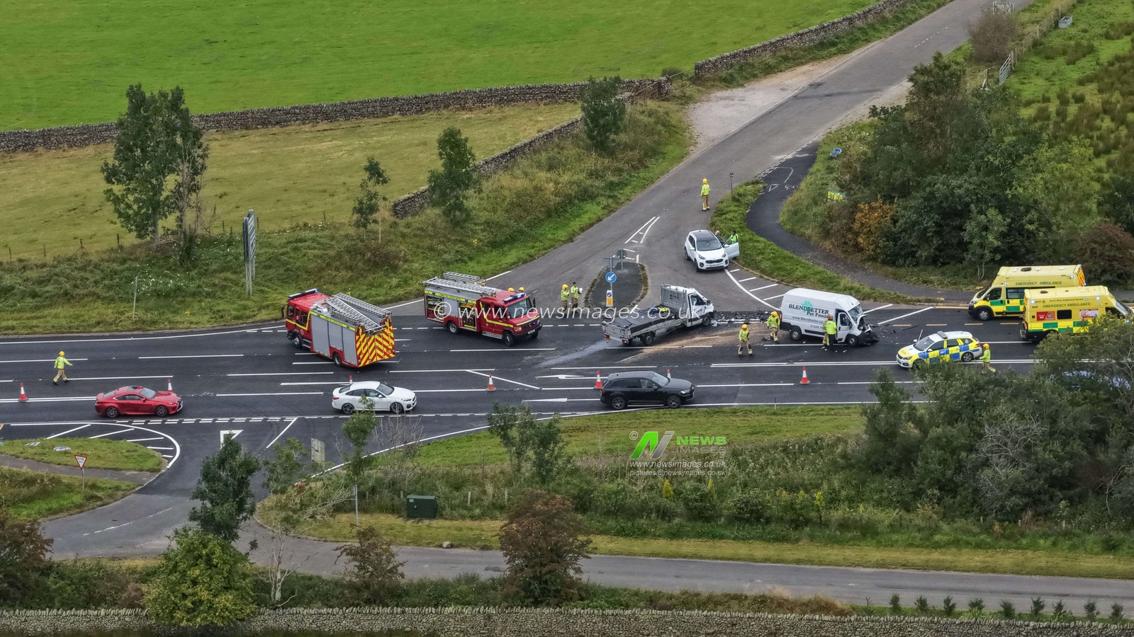 Emergency services are at the scene after two vans crash head-on the A66 was closed for some time but is partially reopened near Keswick, The Lake District, Cumbria, United Kingdom, 20th August 2025

(Photo by Mark Cosgrove/News Images)