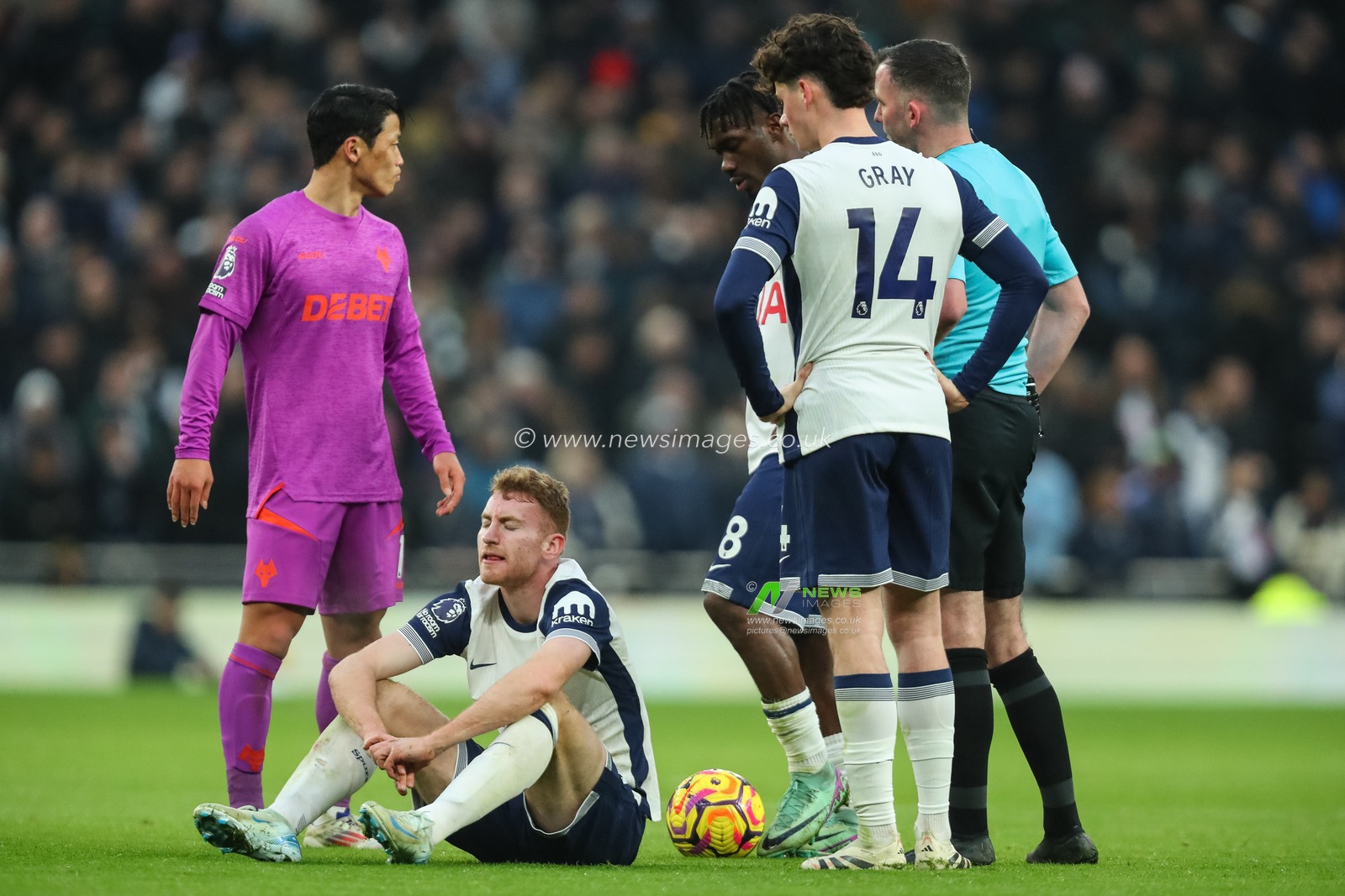 Dejan Kulusevski of Tottenham Hotspur takes a knock during the Premier League match Tottenham Hotspur vs Wolverhampton Wanderers at Tottenham Hotspur Stadium, London, United Kingdom, 29th December 2024

(Photo by Izzy Poles/News Images)