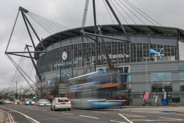 A general view of the Etihad Stadium from the roadside during the Premier League match Manchester City vs Aston Villa at Etihad Stadium, Manchester, United Kingdom, 3rd April 2024

(Photo by Mark Cosgrove/News Images)