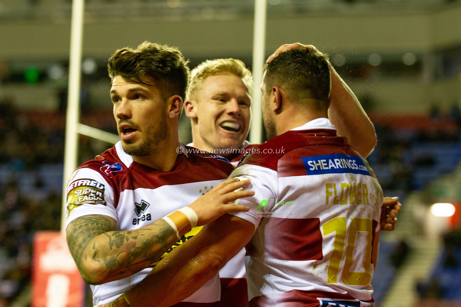 8th February  2019 , DW Stadium, Wigan, England;  Betfred Super League, Round 2, Wigan Warriors vs Leeds Rhinos ; Ben Flower of Wigan Warriors celebrates his try

Credit: Richard Long/News Images