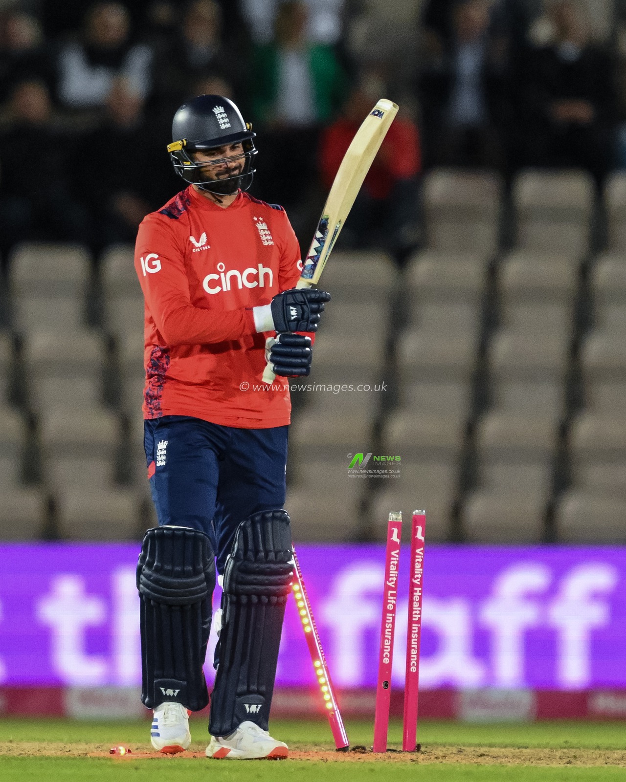 Saqib Mahmood of England after losing his wicket, England all out during the First Vitality IT20 Series match England vs Australia at The Utilita Bowl, Southampton, United Kingdom, 11th September 2024

(Photo by Craig Thomas/News Images)
