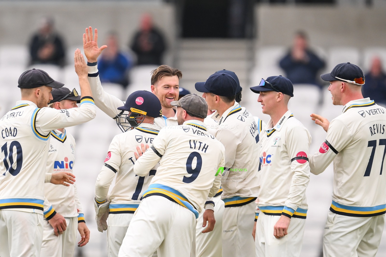 Dan Moriarty of Yorkshire celebrates taking the wicket of Billy Root of Glamorgan caught by Finlay Bean of Yorkshire during the Vitality County Championship Division 2 match Yorkshire vs Glamorgan at Headingley Cricket Ground, Leeds, United Kingdom, 3rd May 2024

(Photo by Craig Thomas/News Images)