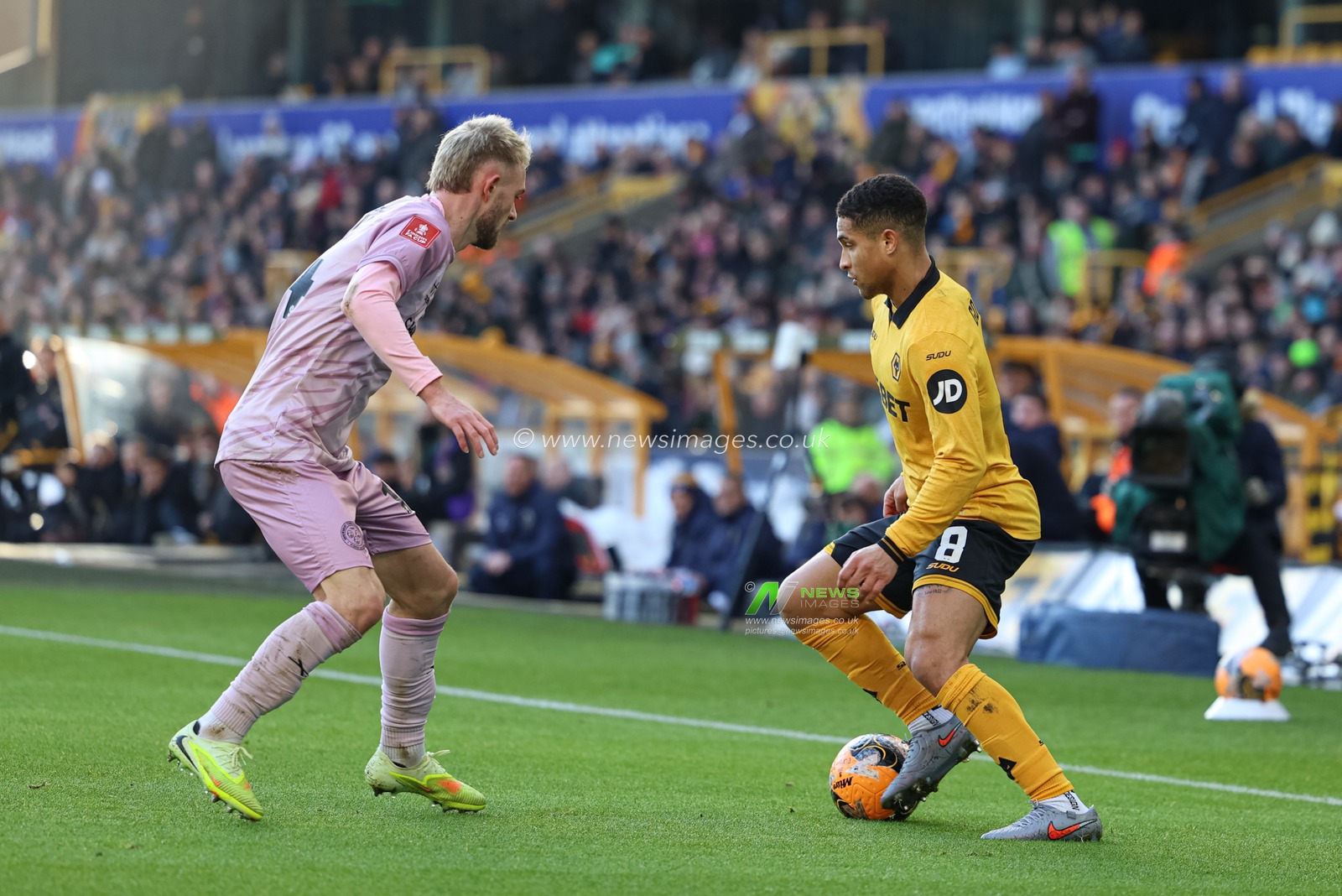 Joao Gomes of Wolverhampton Wanderers with the ball during the Emirates FA Cup Third Round match Wolverhampton Wanderers vs Shrewsbury Town at Molineux, Wolverhampton, United Kingdom, 10th January 2026

(Photo by Euan Manning/News Images)