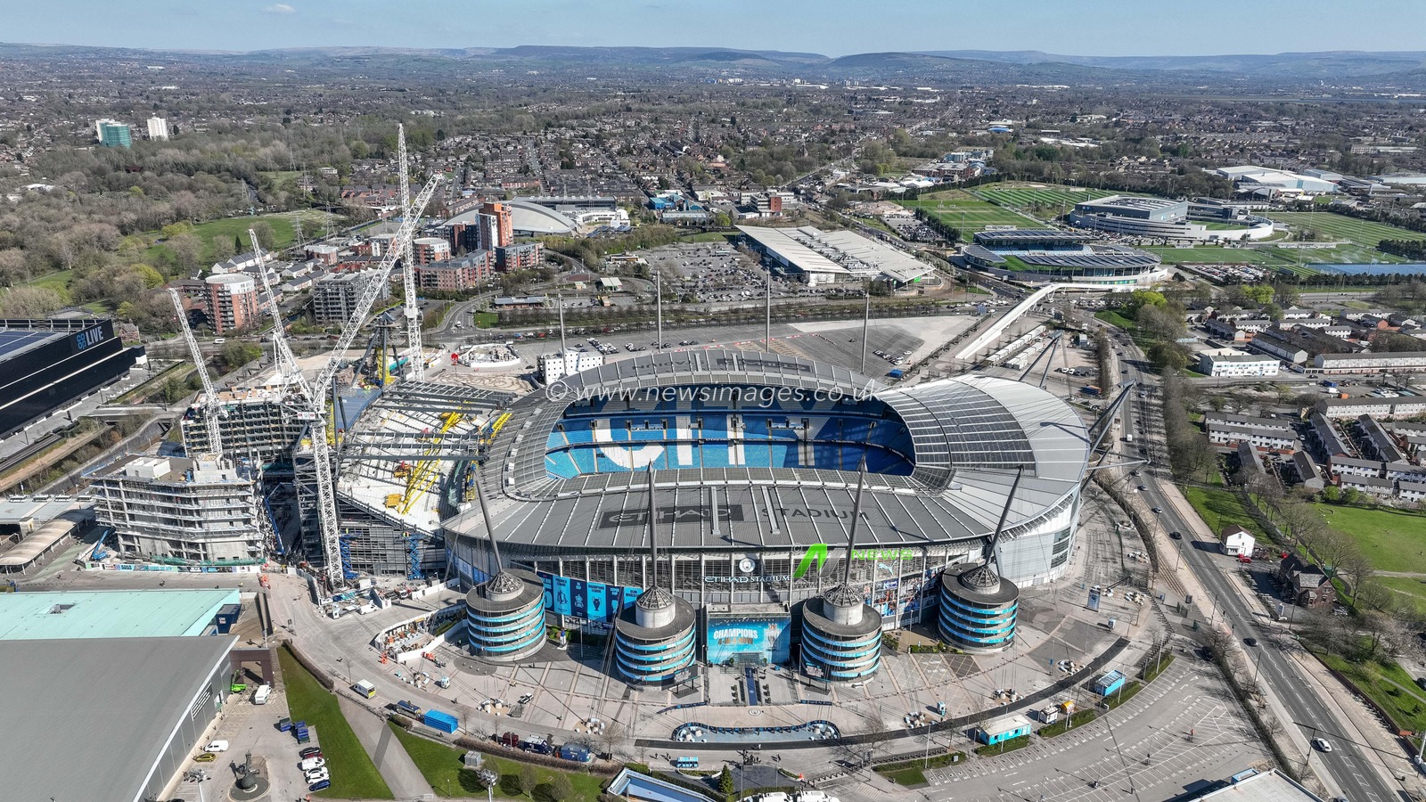 An aerial view of the Etihad Stadium and construction work to the North Stand during the Premier League match Manchester City vs Leicester City at Etihad Stadium, Manchester, United Kingdom, 2nd April 2025

(Photo by Mark Cosgrove/News Images)