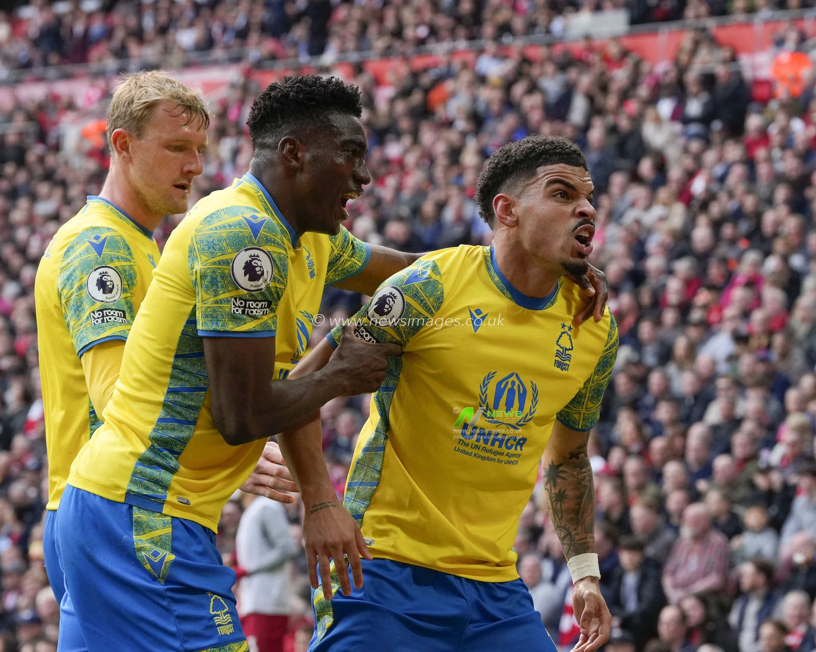 Morgan Gibbs-White #10 of Nottingham Forest celebrates after he scores to make it 2-2 during the Premier League match Liverpool vs Nottingham Forest at Anfield, Liverpool, United Kingdom, 22nd April 2023

(Photo by Steve Flynn/News Images)