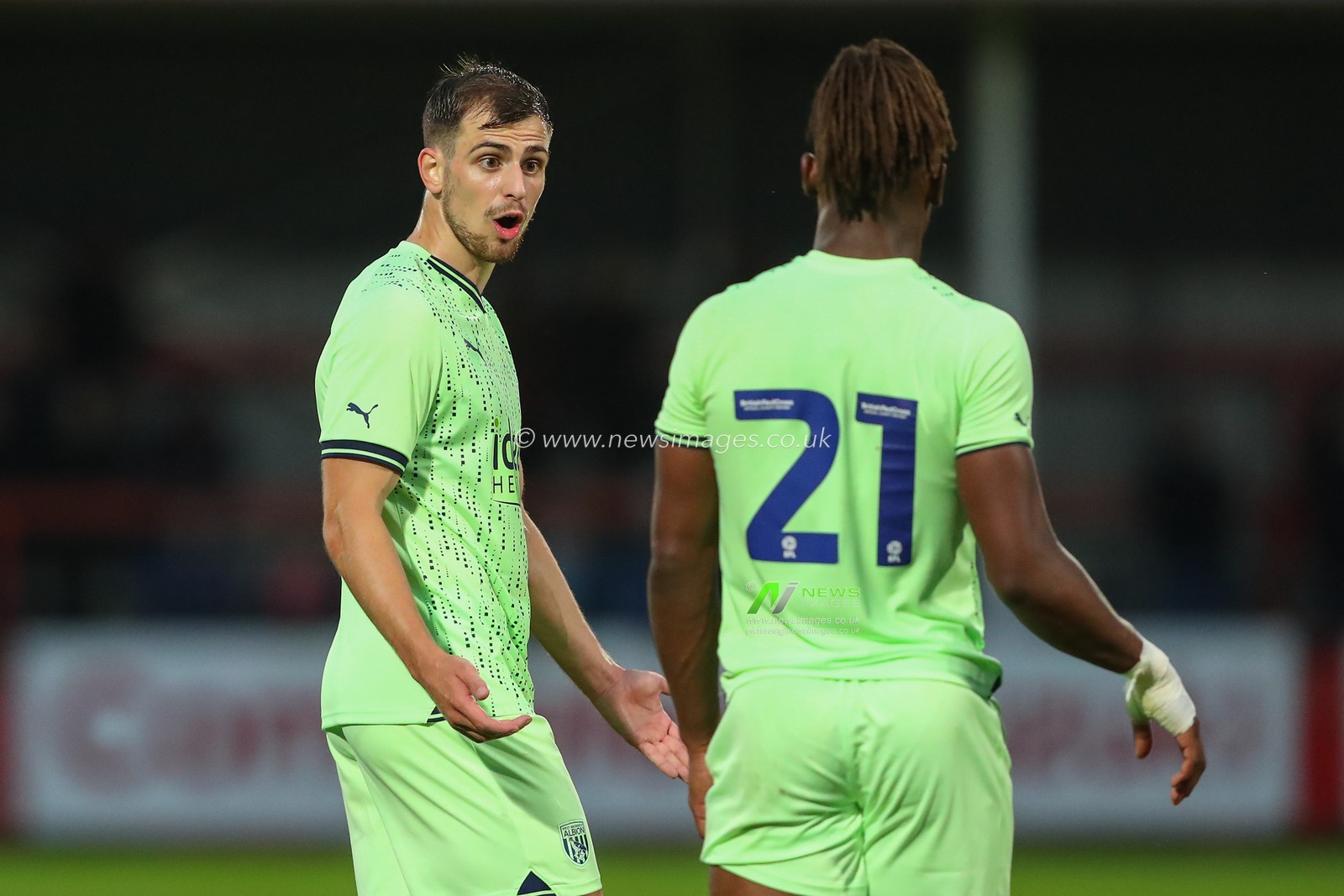Jayson Molumby #8 of West Bromwich Albion talks to Brandon Thomas-Asante #21 of West Bromwich Albion during the Pre-season friendly match Cheltenham Town vs West Bromwich Albion at The Completely-Suzuki Stadium, Cheltenham, United Kingdom, 18th July 2023

(Photo by Gareth Evans/News Images)