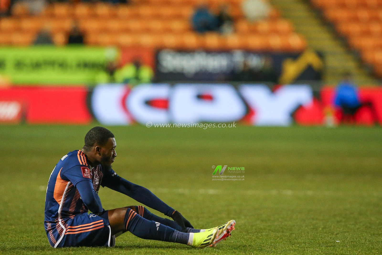 Callum Hudson-Odoi of Nottingham Forest goes down injured during the Emirates FA Cup Third Round Replay match Blackpool vs Nottingham Forest at Bloomfield Road, Blackpool, United Kingdom, 17th January 2024

(Photo by Gareth Evans/News Images)