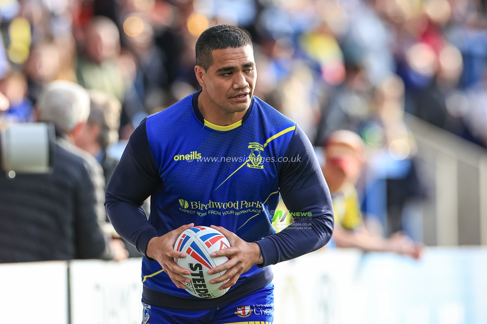 Peter Mataâ€™utia #3 of Warrington Wolves during pre-game warm up