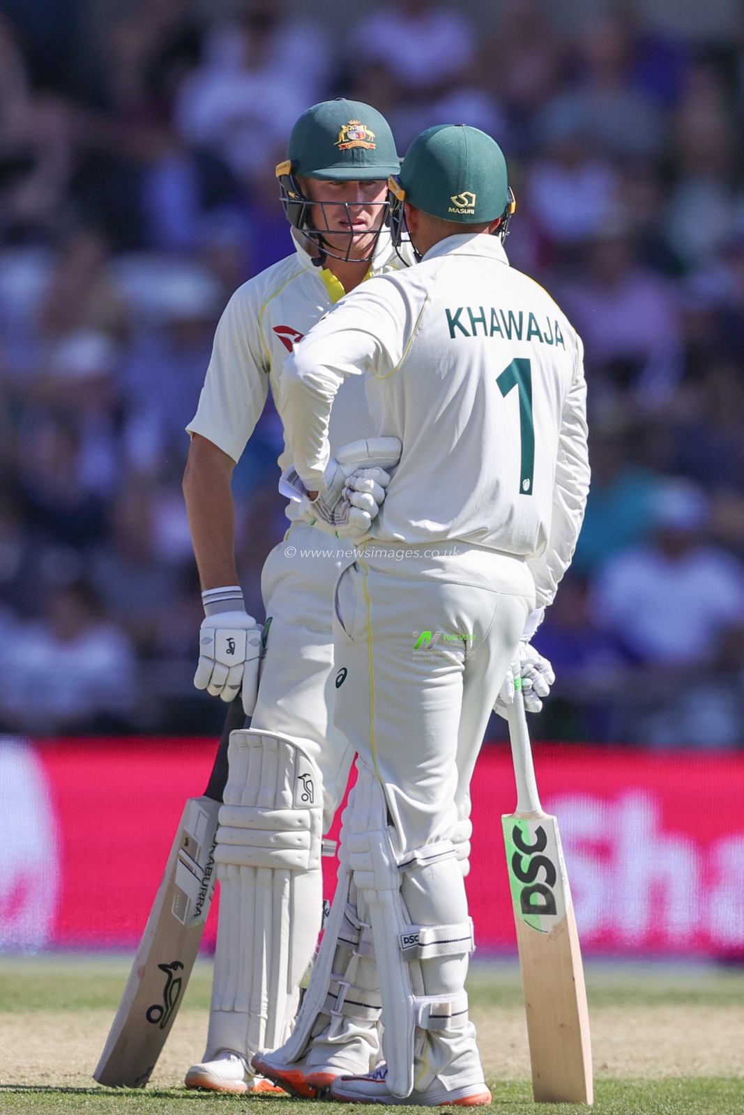 Marnus Labuschagne of Australia speaks to Usman Khawaja of Australia in between overs during the LV= Insurance Ashes Third Test Series Day 2 England v Australia at Headingley Stadium, Leeds, United Kingdom, 7th July 2023

(Photo by Mark Cosgrove/News Images)
