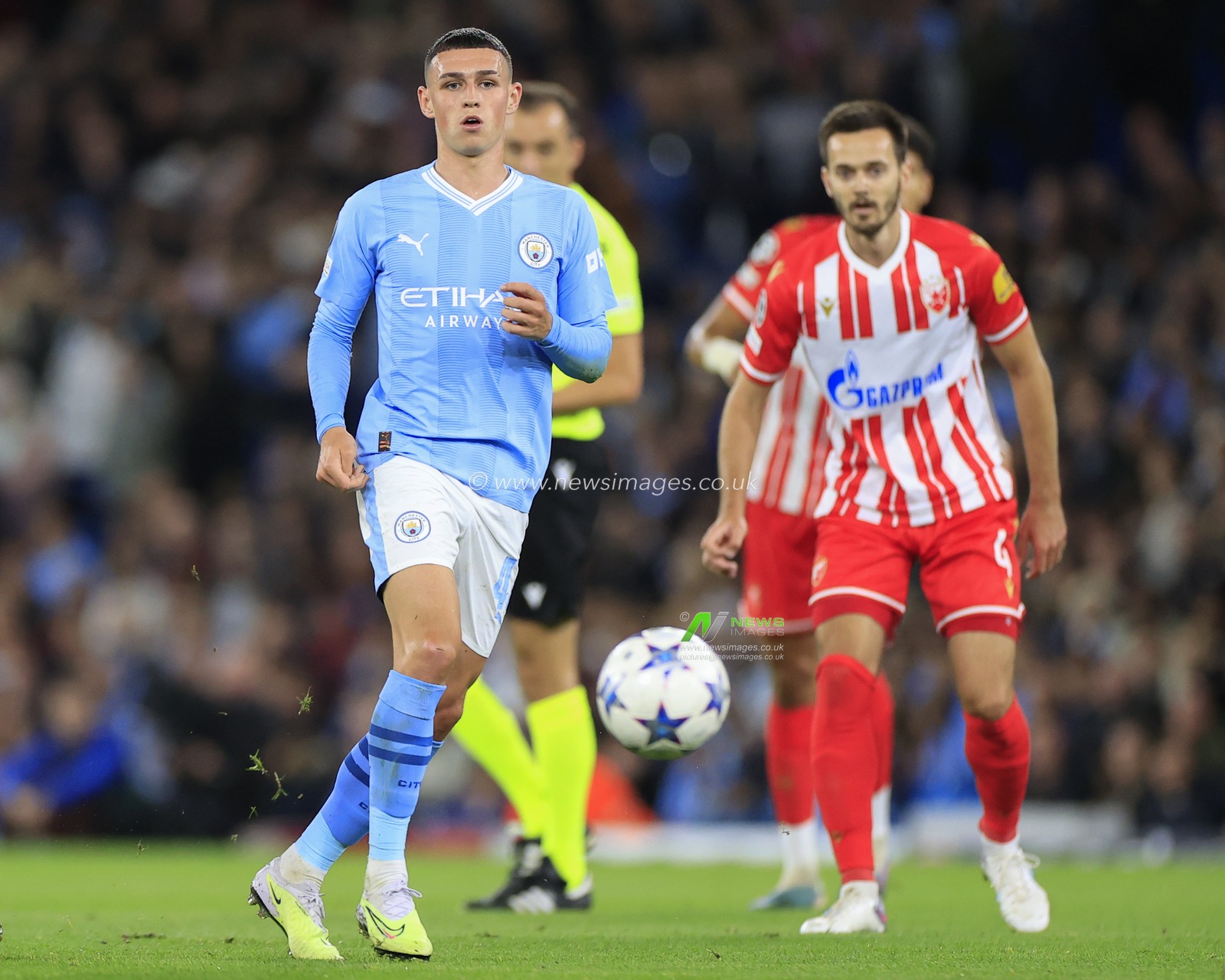 Phil Foden #47 of Manchester City passes the ball during the UEFA Champions League match Manchester City vs Red Star Belgrade at Etihad Stadium, Manchester, United Kingdom, 19th September 2023

(Photo by Conor Molloy/News Images)