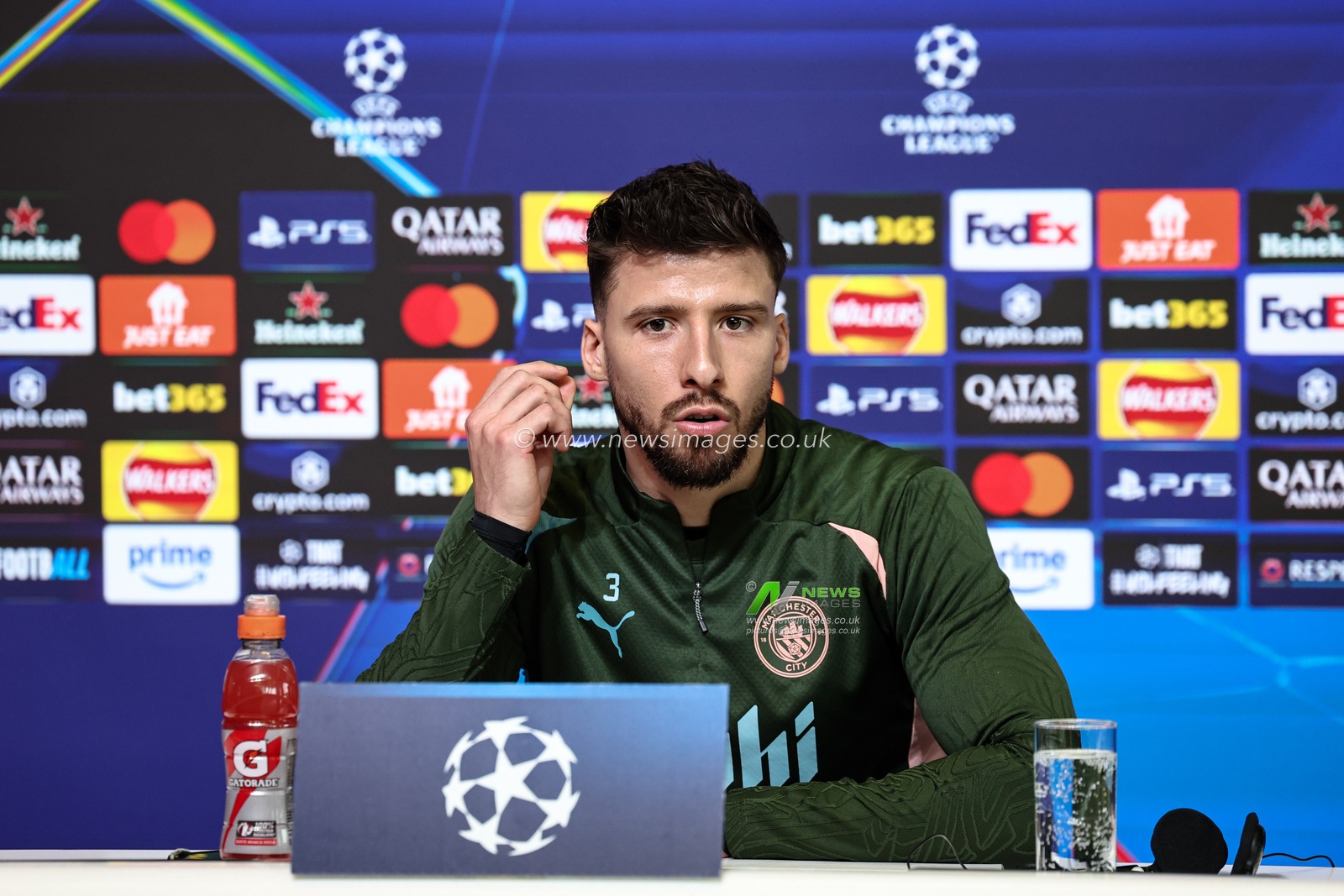 RÃºben Dias of Manchester City speaks to the press during the UEFA Champions League Press Conference Manchester City v Real Madrid at Etihad Stadium, Manchester, United Kingdom, 10th February 2025

(Photo by Mark Cosgrove/News Images)