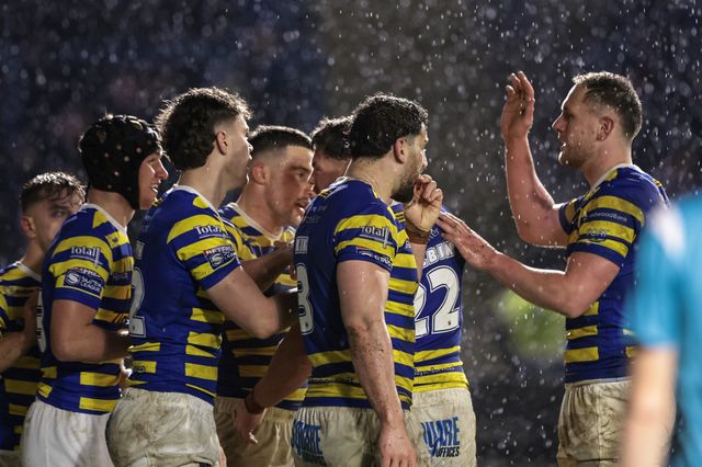 Joe Philbin of Warrington Wolves celebrates his try with team mates during the Pre Season match Warrington Wolves vs Leigh Leopards at Halliwell Jones Stadium, Warrington, United Kingdom, 30th January 2026

(Photo by Mark Cosgrove/News Images)