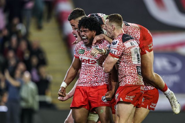Alec Tuitavake of Leigh Leopards celebrates his try making it 24-4 during the Betfred Super League play-off Eliminator 1 match Leigh Leopards vs Wakefield Trinity at Progress With Unity Stadium, Leigh, United Kingdom, 26th September 2025

(Photo by Alfie Cosgrove/News Images)