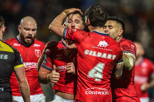 Jai Whitbread of Hull KR celebrates his try during the Betfred Super League Round 1 match York Knights vs Hull KR at LNER Community Stadium, Lincoln, United Kingdom on 12 February 2026

(Photo by Alfie Cosgrove/News Images)