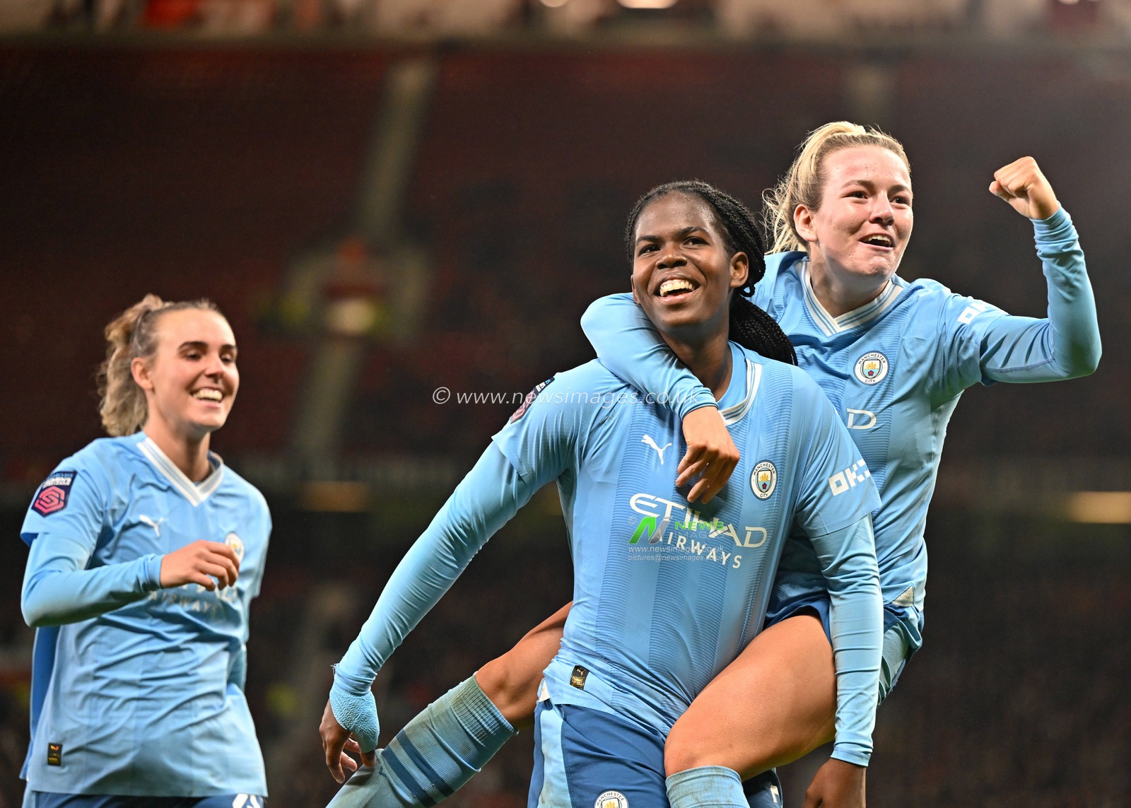 Khadija Shaw #21 of Manchester City Women celebrates her goal, during the The FA Women's Super League match Manchester United Women vs Manchester City Women at Old Trafford, Manchester, United Kingdom, 19th November 2023

(Photo by Cody Froggatt/News Images)