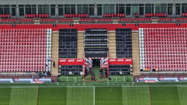 An aerial view of Leigh Sports Village and the Jet2 dugout during the Betfred Super League Round 20 Leigh Leopards vs Warrington Wolves at Leigh Sports Village, Leigh, United Kingdom, 1st August 2025

(Photo by Mark Cosgrove/News Images)