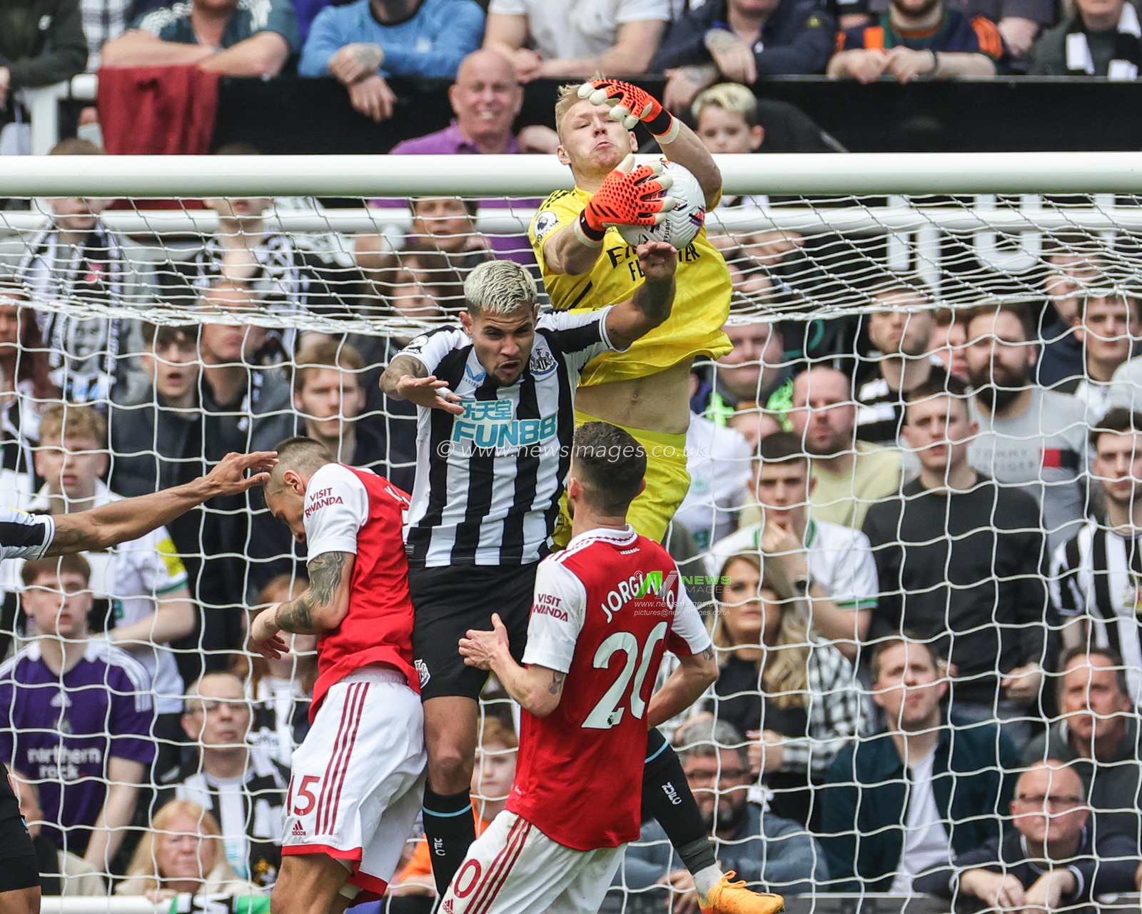 Aaron Ramsdale #1 of Arsenal pushes the ball out as Bruno GuimarÃ£es #39 of Newcastle United pressures during the Premier League match Newcastle United vs Arsenal at St. James's Park, Newcastle, United Kingdom, 7th May 2023

(Photo by Mark Cosgrove/News Images)