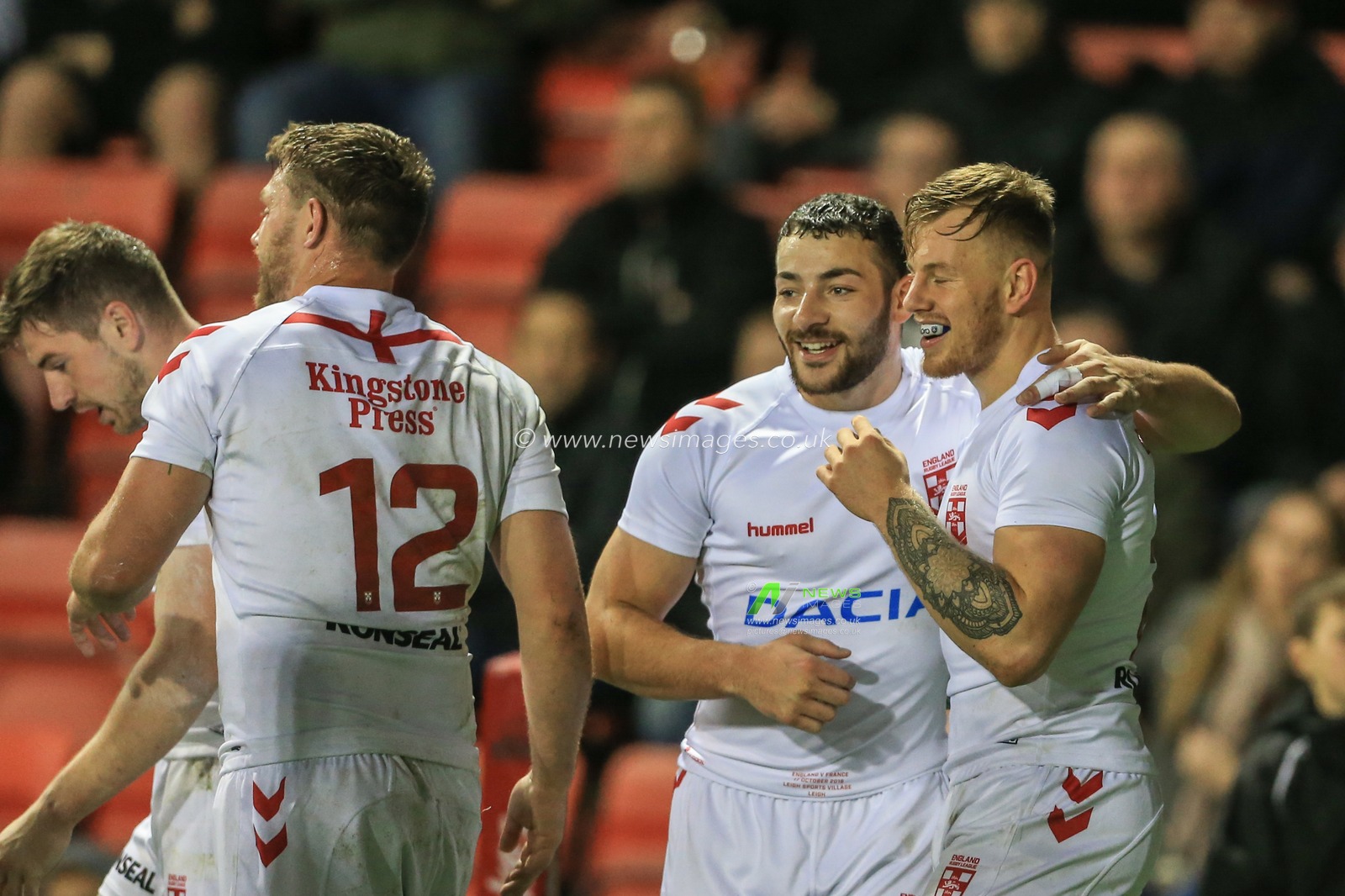 17th October 2018 , Leigh Sports Village,  Leigh, England;  Rugby League International, England v France ;  Tom Johnstone of England celebrates his first half hat-trick 




Credit:   Mark Cosgrove/News Images