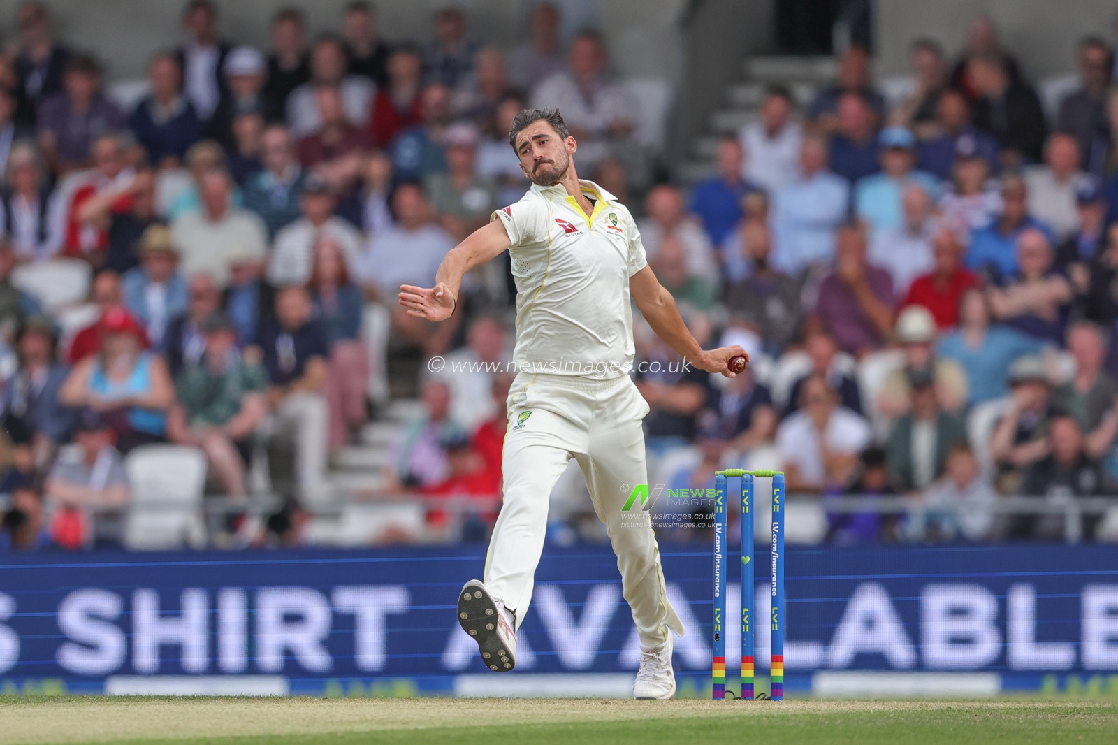 Mitchell Starc of Australia delivers the first ball of the innings during the LV= Insurance Ashes Third Test Series Day 1 England v Australia at Headingley Stadium, Leeds, United Kingdom, 6th July 2023

(Photo by Mark Cosgrove/News Images)