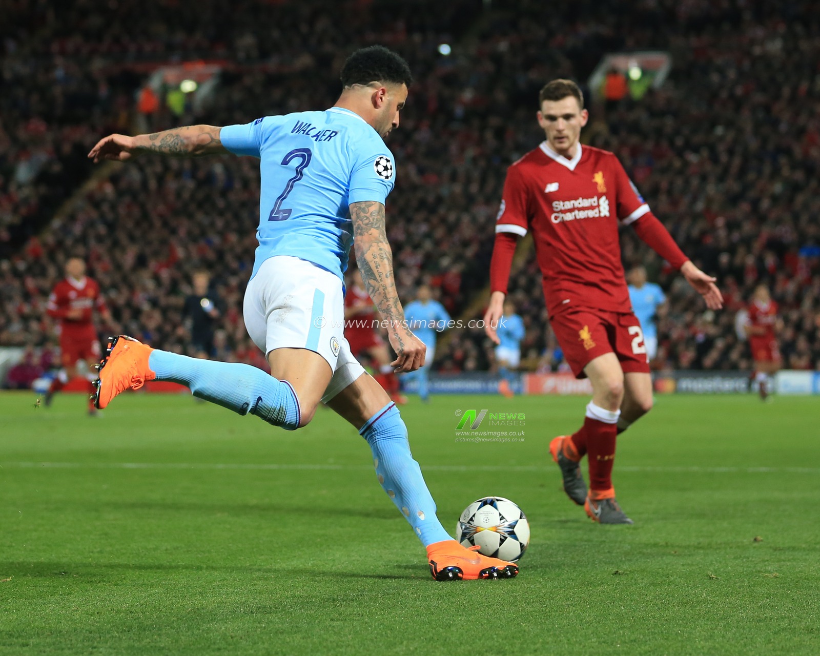 4th April 2018 , Anfield, Liverpool, England; Champions League Quarter Final, first leg, Liverpool v Manchester City; Kyle Walker of Manchester City crosses the ball
