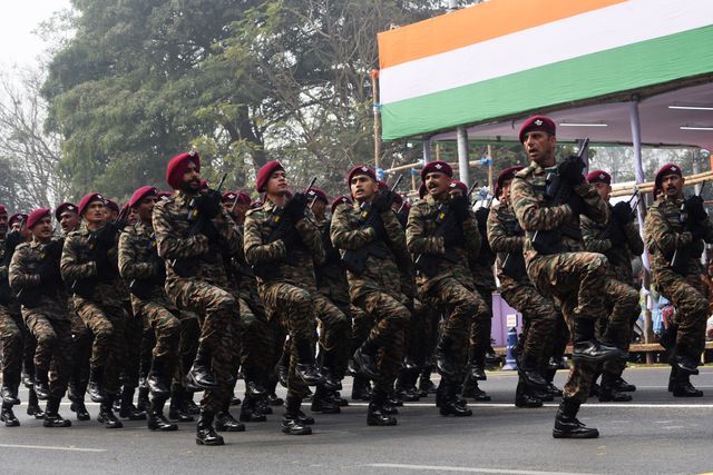Indian army JAMMU AND KASHMIR RIFLES Regiment march ahead the final rehearsal for the upcoming Republic Day parade in Kolkata, India, on January 24, 2025..Pictures by Debajyoti Chakraborty.(Photo: Debajyoti Chakraborty/News Images)
