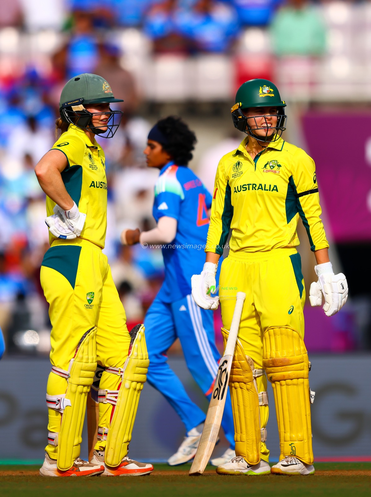 Phoebe Litchfield of Australia  and Ellyse Perry of Australia during the ICC Women's ODI Cricket World Cup Semi Final match India vs Australia at Dr. D.Y. Patil Sports Academy, Navi Mumbai, India, 30th October 2025

(Photo by Shubhajit Roy Karmakar/News Images)