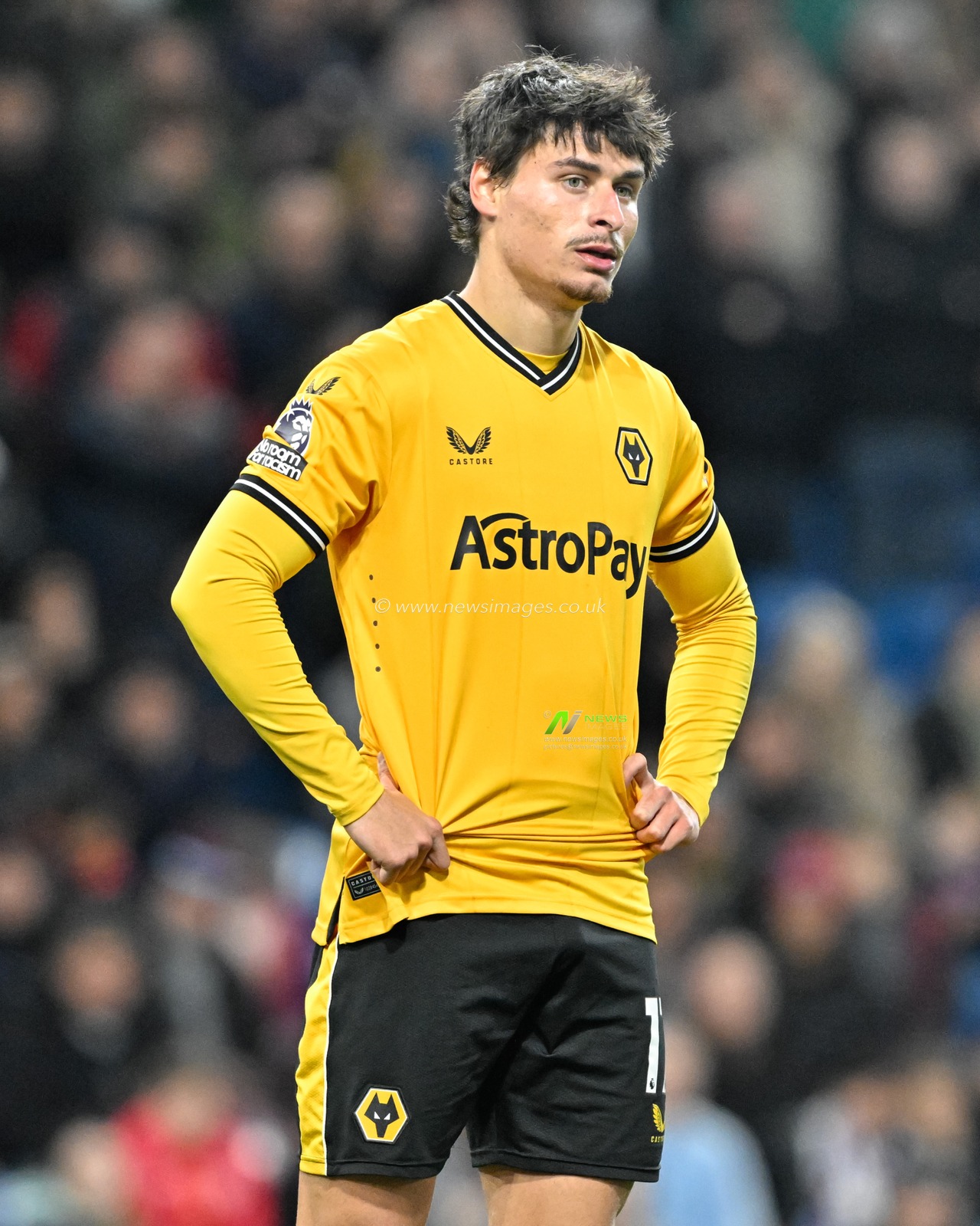 Hugo Bueno of Wolverhampton Wanderers, during the Premier League match Burnley vs Wolverhampton Wanderers at Turf Moor, Burnley, United Kingdom, 2nd April 2024

(Photo by Cody Froggatt/News Images)