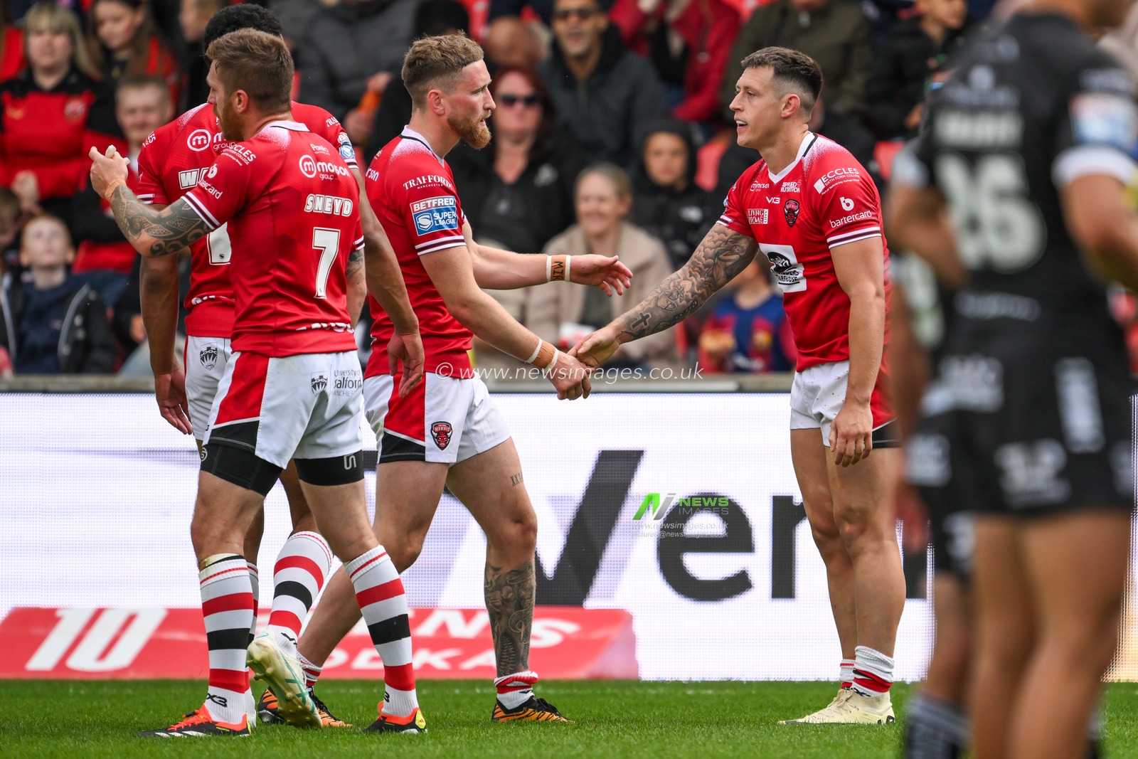 Deon Cross of Salford Red Devils goes over for a try during the Betfred Super League Round 16 match Salford Red Devils vs Hull FC at Salford Community Stadium, Eccles, United Kingdom, 7th July 2024

(Photo by Craig Thomas/News Images)