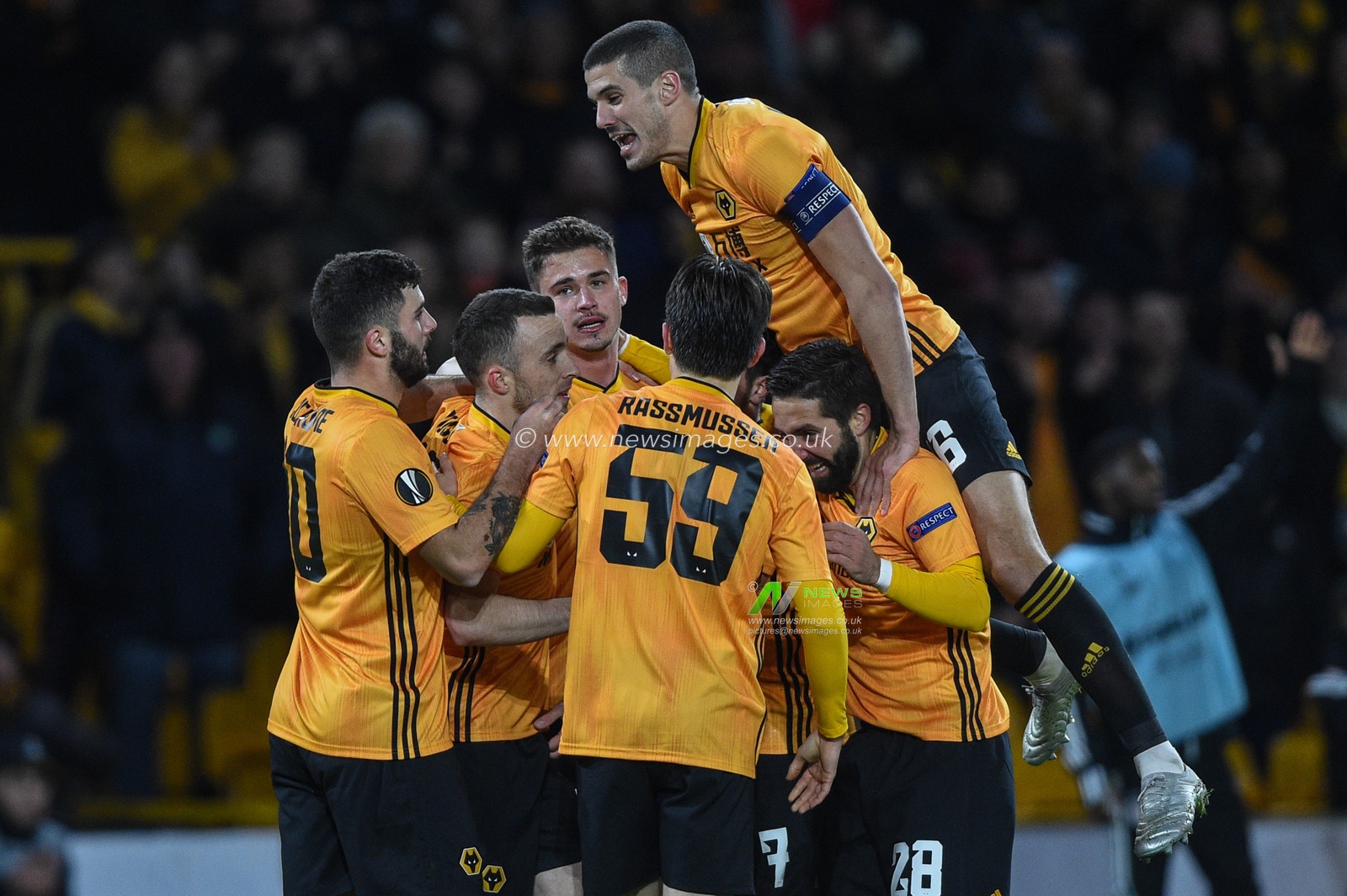 12th December 2019, Molineux, Wolverhampton, England; UEFA Europa League, Wolverhampton Wanderers v Besiktas : Diogo Jota (18) of Wolverhampton Wanderers celebrates his goal to make it 2-0

Credit: Richard Long/News Images