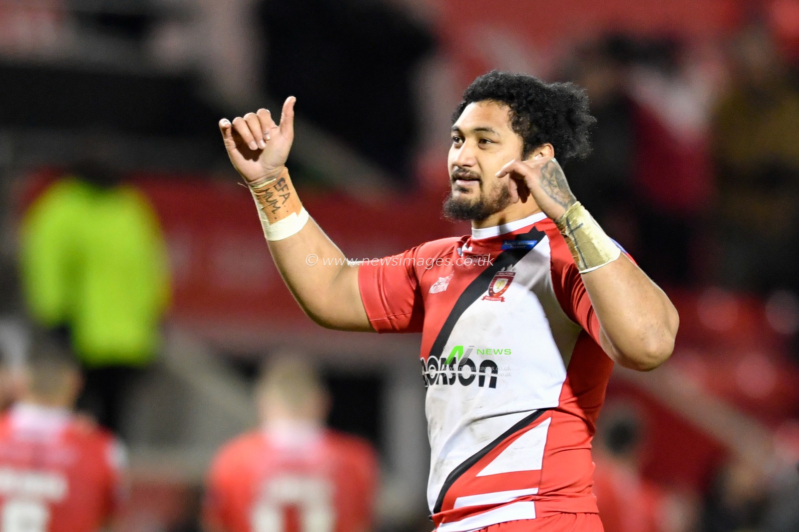 13th March 2020, AJ Bell Stadium, Eccles, England; Betfred Super League, Salford Red Devils v Wigan Warriors : Pauli Pauli (12) of Salford Red Devils celebrates in front of the home supporters at the end of the game