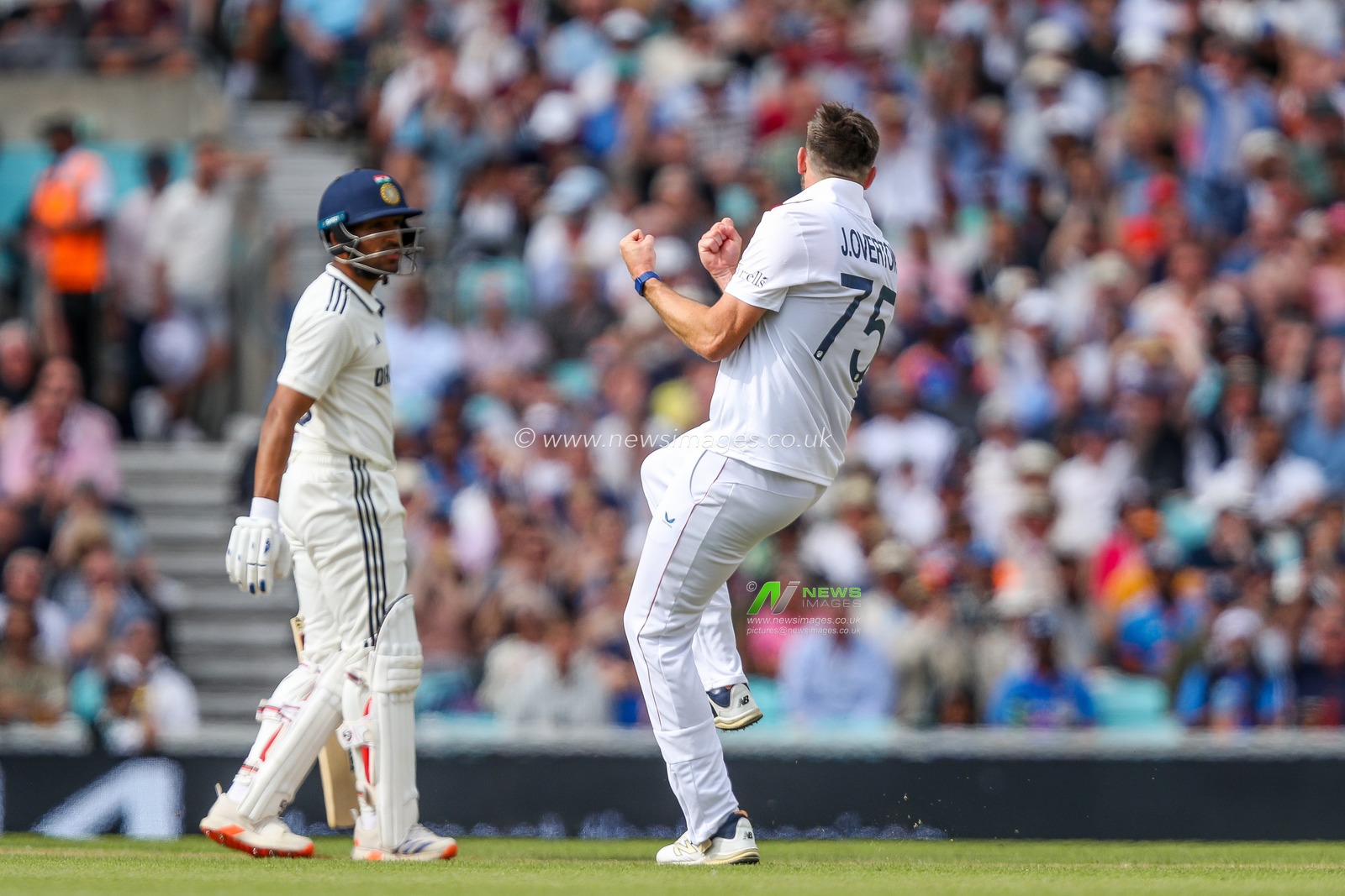 Jamie Overton of England celebrates after the dismissal of Dhruv Jurel of India during the 5th Rothesay Test Match Day 3 England vs India at The Kia Oval, London, United Kingdom, 2nd August 2025

(Photo by Izzy Poles/News Images)