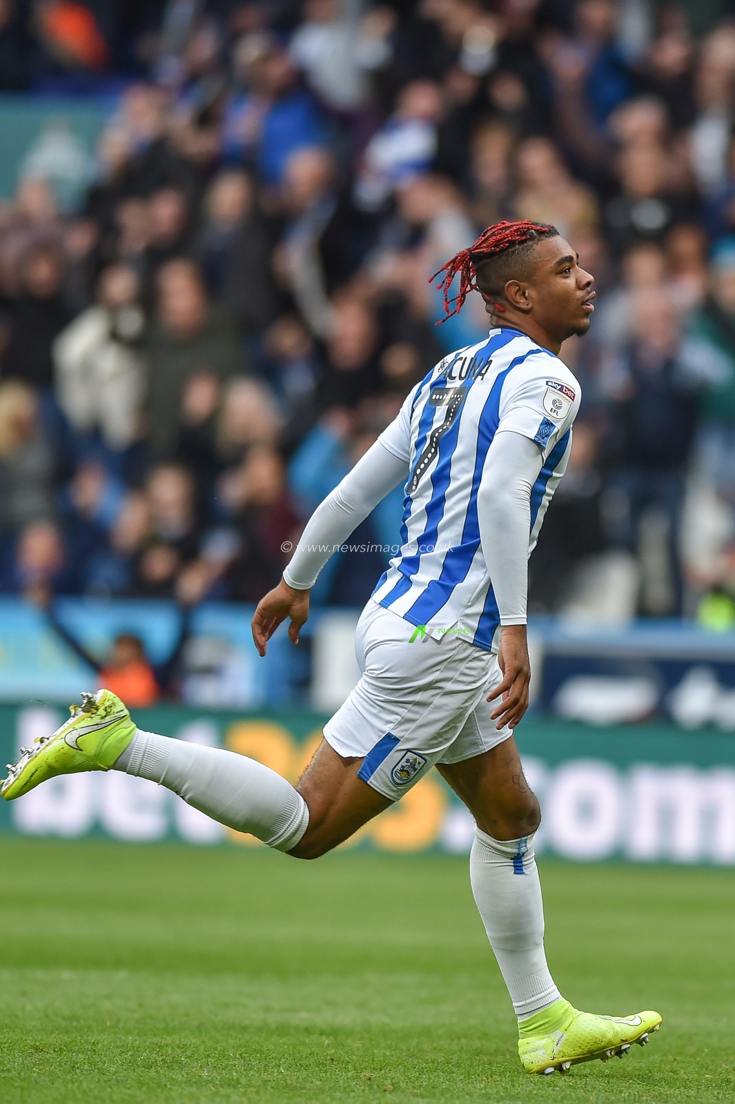 5th October 2019, John Smith's Stadium, Huddersfield, England; Sky Bet Championship, Huddersfield Town v Hull City :Juninho Bacuna (7) of Huddersfield Town celebrates scoring a goal to make it 2-0 to Huddersfield Town 
Credit: Dean Williams/News Images